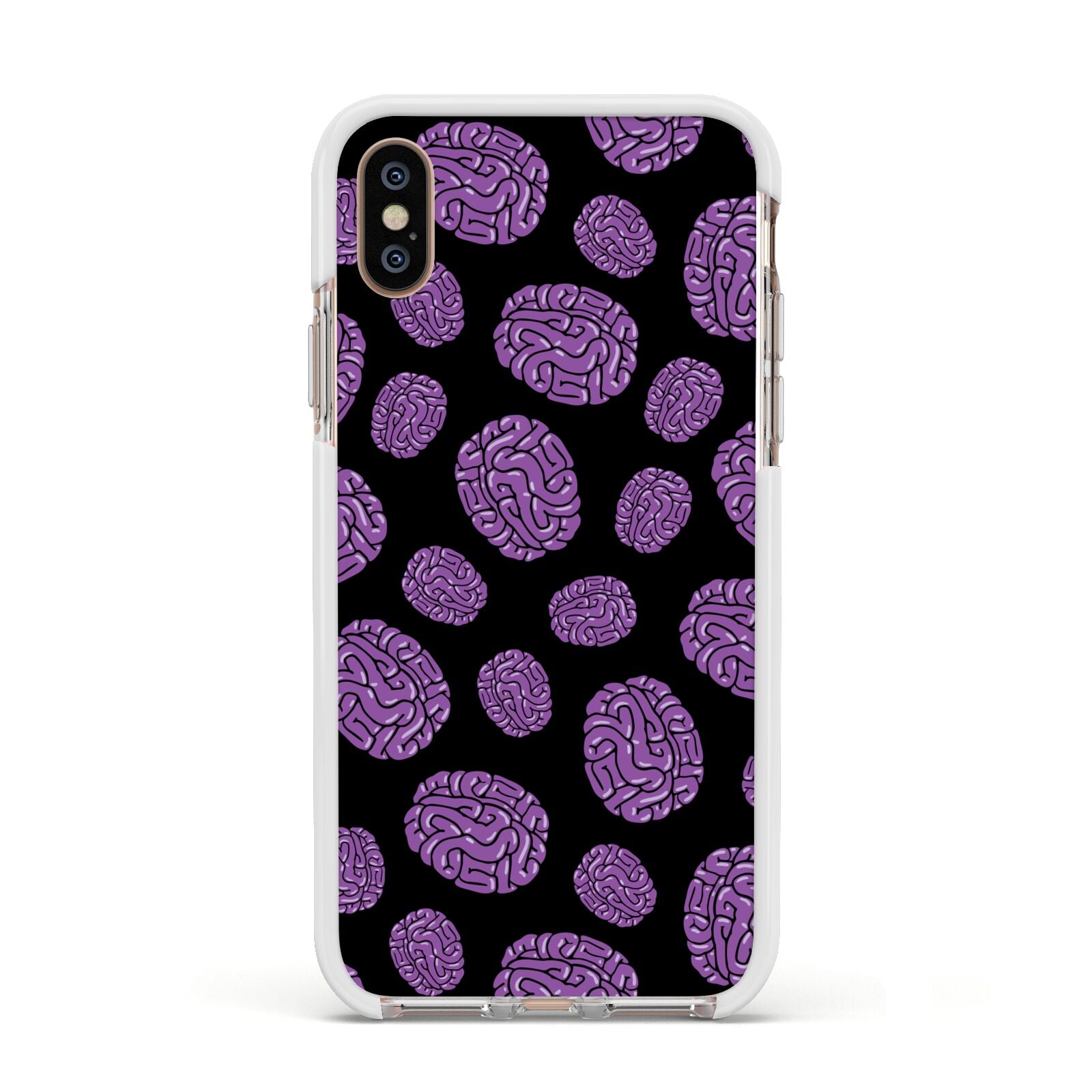 Purple Brains Apple iPhone Xs Impact Case White Edge on Gold Phone