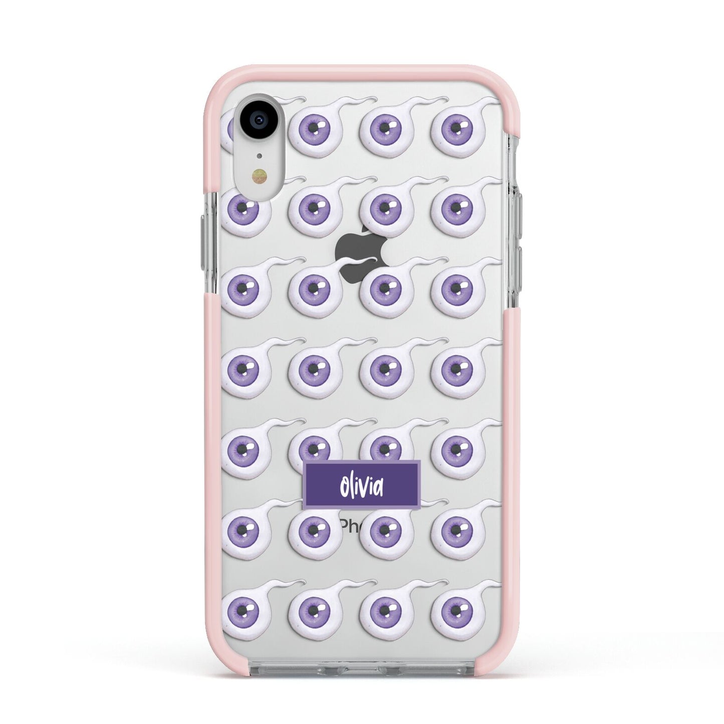 Purple Eyeballs Custom Halloween Apple iPhone XR Impact Case Pink Edge on Silver Phone