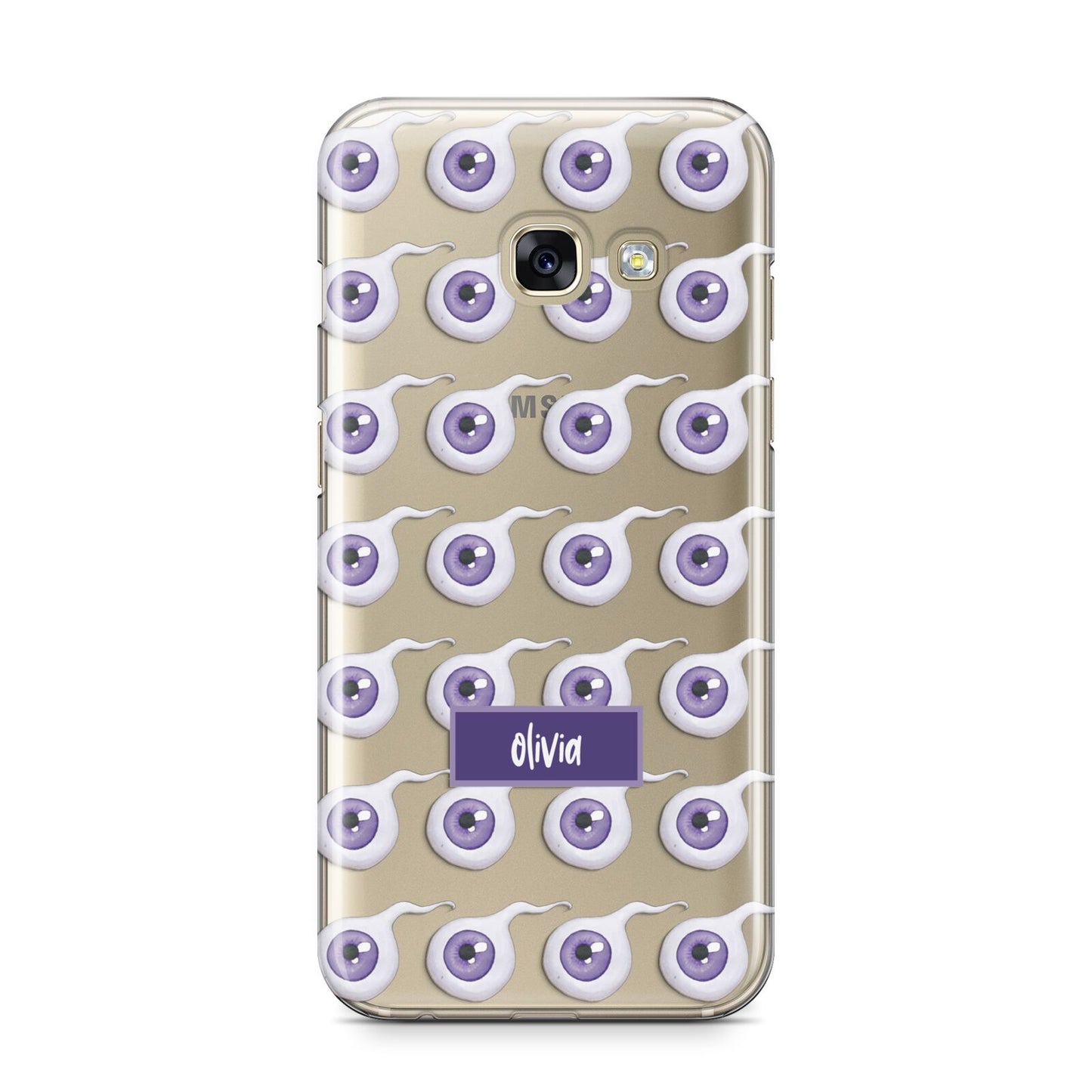 Purple Eyeballs Custom Halloween Samsung Galaxy A3 2017 Case on gold phone