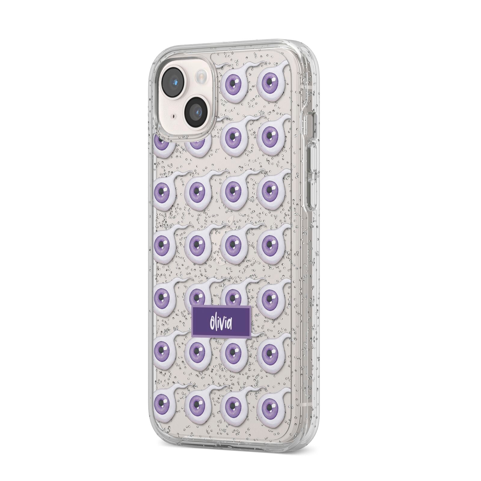 Purple Eyeballs Custom Halloween iPhone 14 Plus Glitter Tough Case Starlight Angled Image