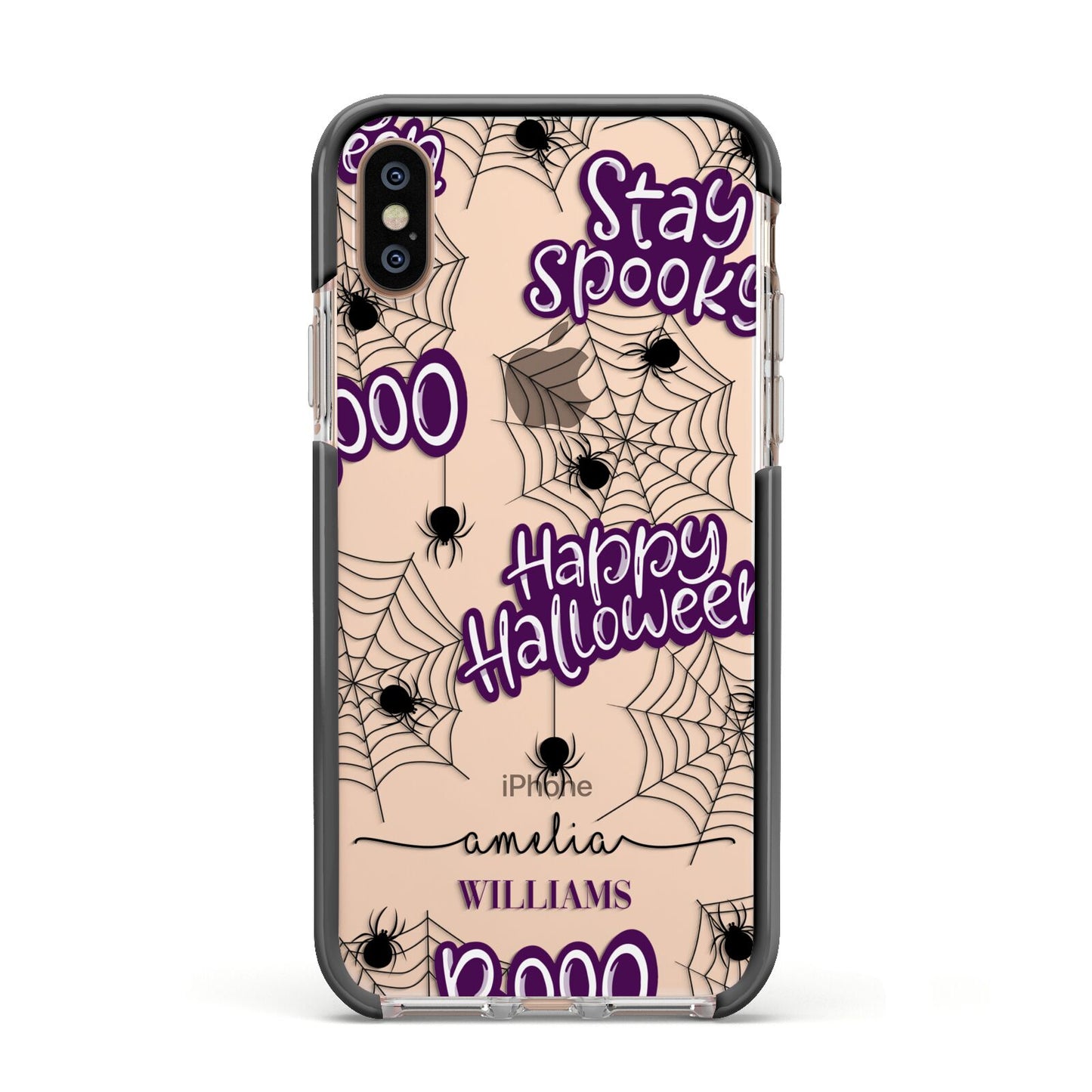 Purple Halloween Catchphrases Apple iPhone Xs Impact Case Black Edge on Gold Phone