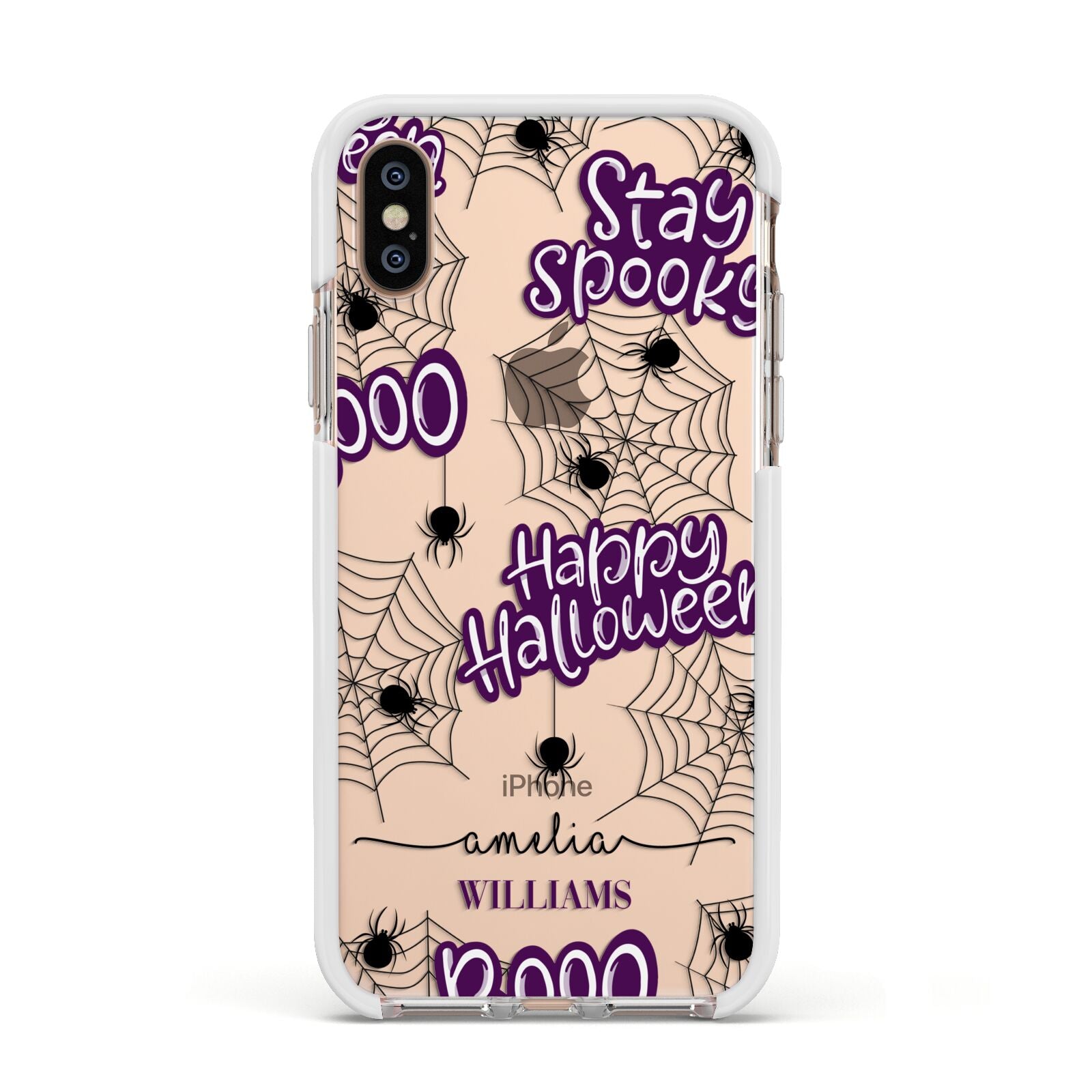 Purple Halloween Catchphrases Apple iPhone Xs Impact Case White Edge on Gold Phone