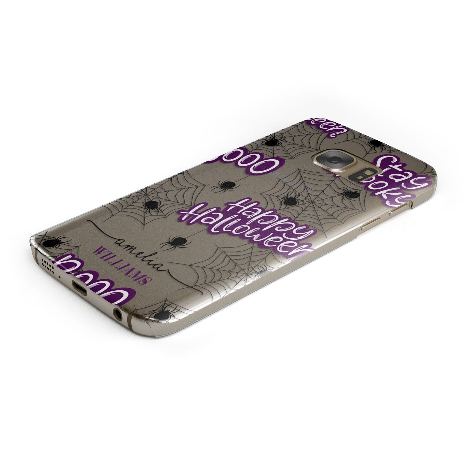 Purple Halloween Catchphrases Protective Samsung Galaxy Case Angled Image