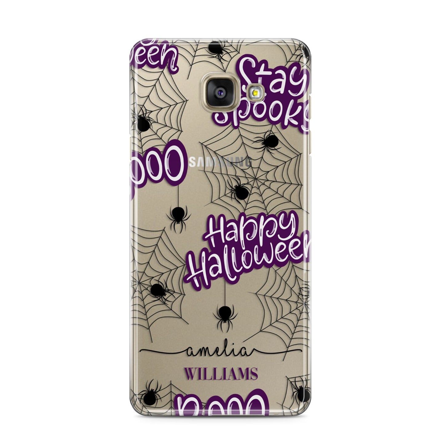 Purple Halloween Catchphrases Samsung Galaxy A3 2016 Case on gold phone