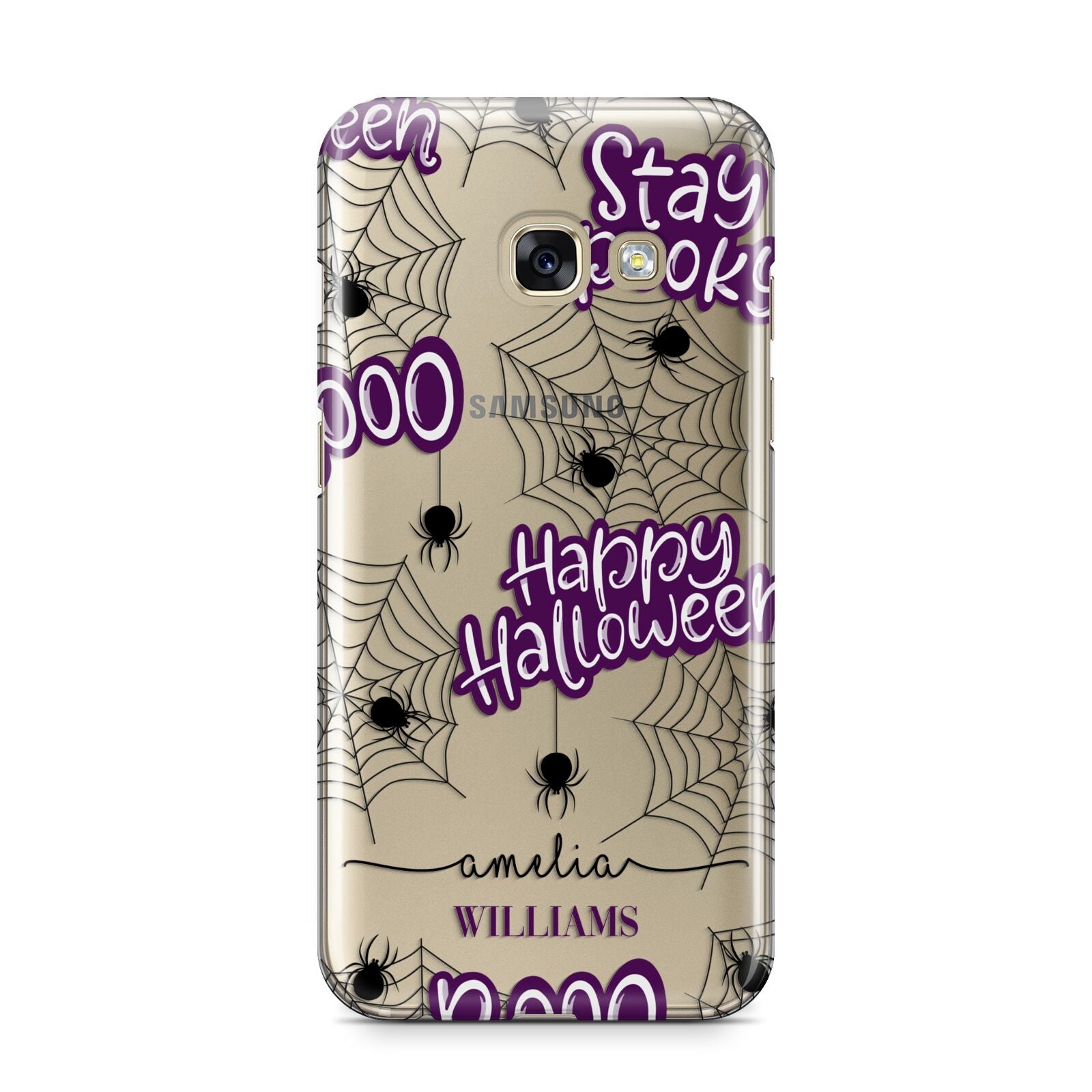 Purple Halloween Catchphrases Samsung Galaxy A3 2017 Case on gold phone