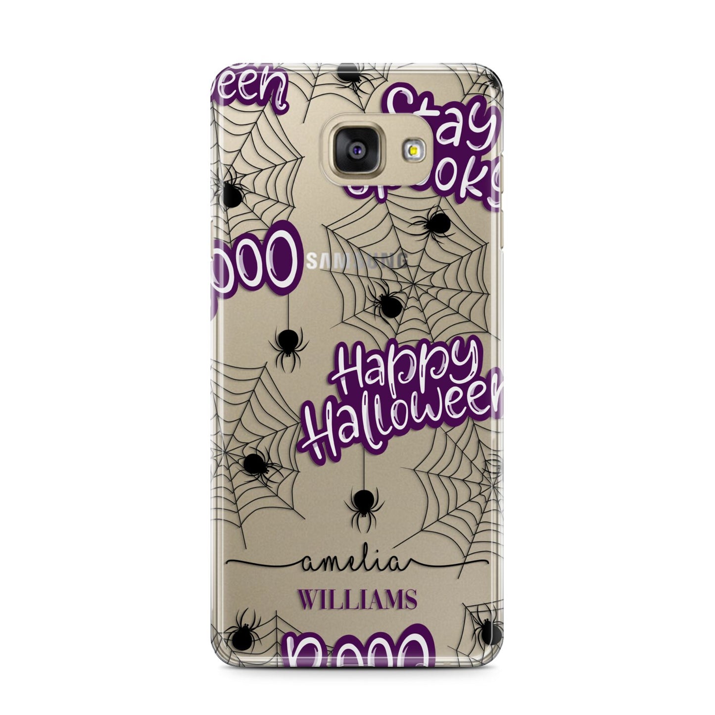 Purple Halloween Catchphrases Samsung Galaxy A7 2016 Case on gold phone