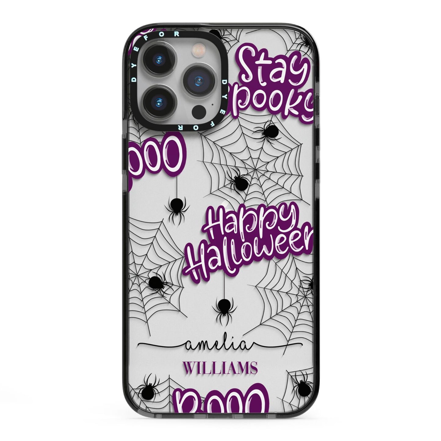 Purple Halloween Catchphrases iPhone 13 Pro Max Black Impact Case on Silver phone