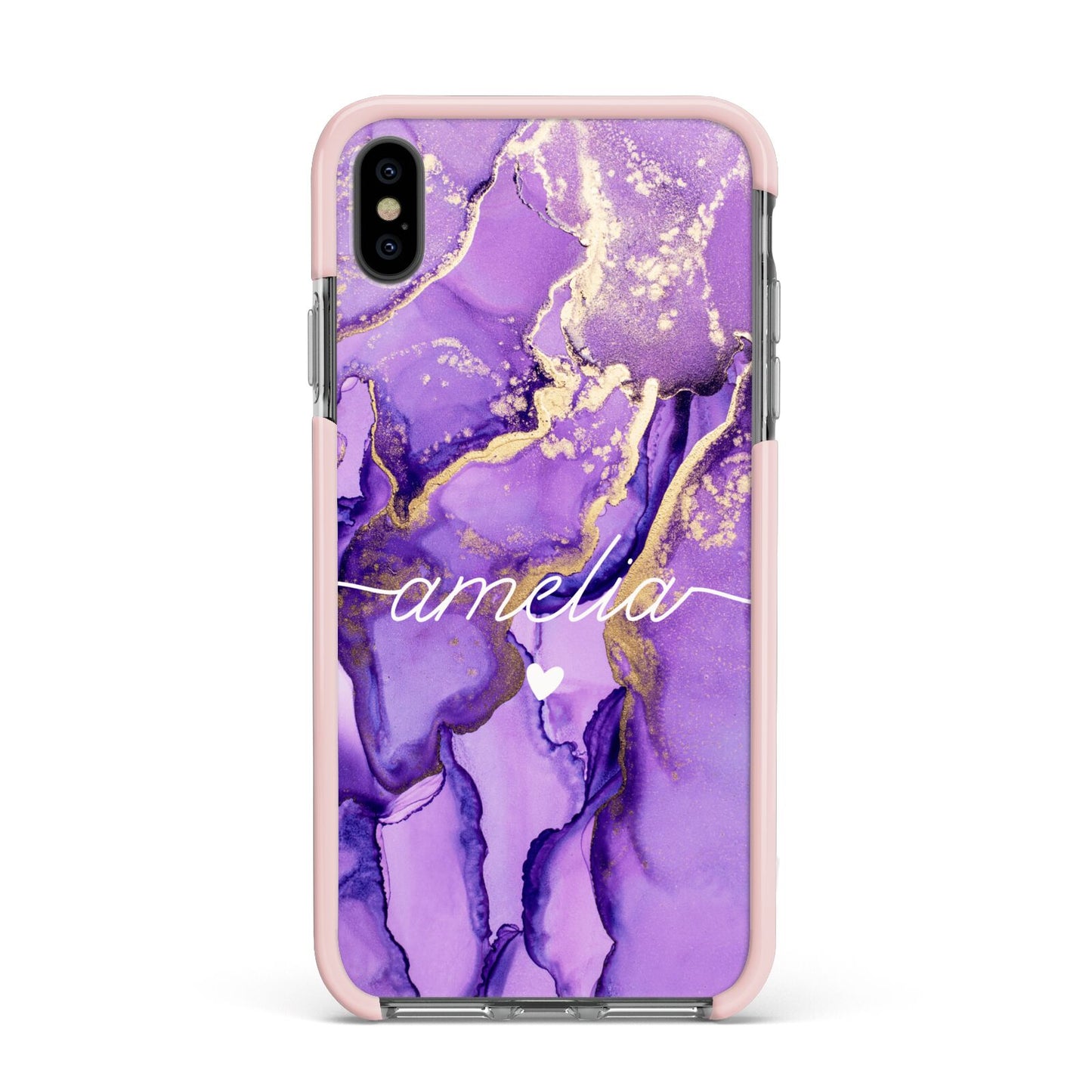 Purple Marble Apple iPhone Xs Max Impact Case Pink Edge on Black Phone