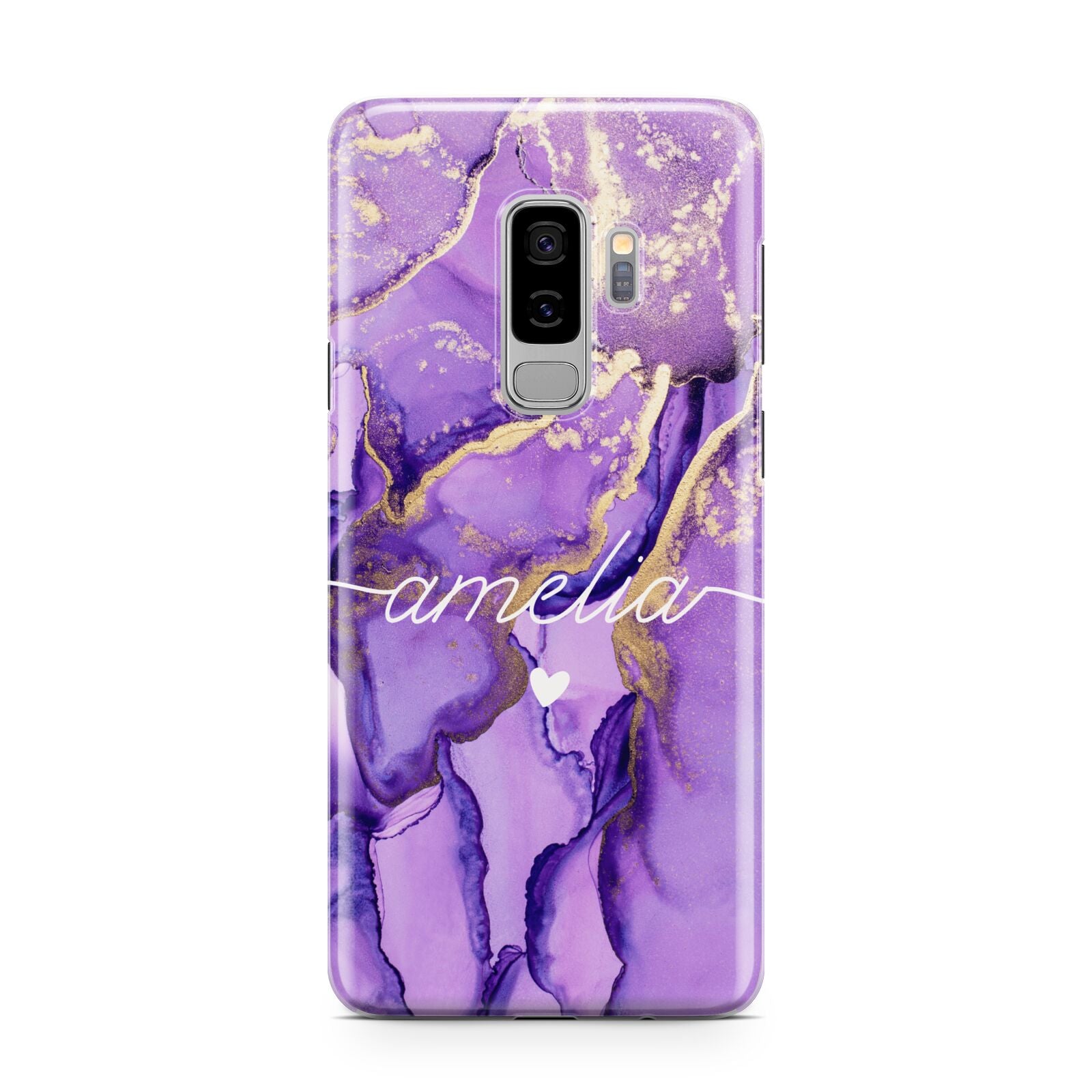 Purple Marble Samsung Galaxy S9 Plus Case on Silver phone