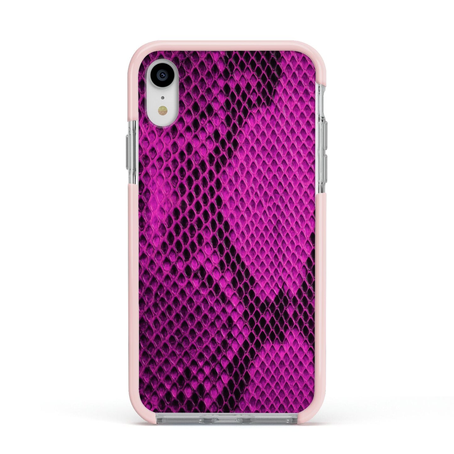 Purple Snakeskin Apple iPhone XR Impact Case Pink Edge on Silver Phone