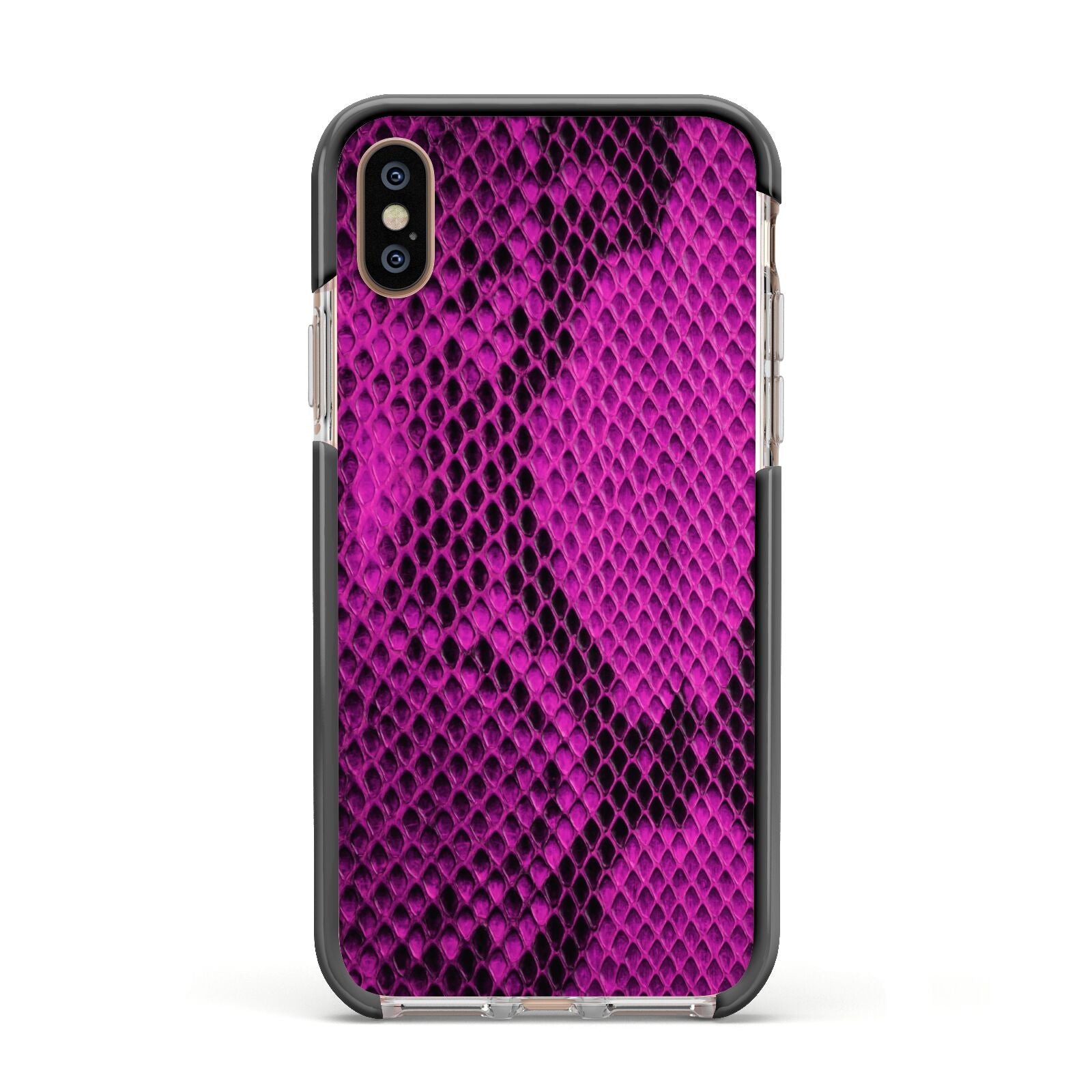 Purple Snakeskin Apple iPhone Xs Impact Case Black Edge on Gold Phone