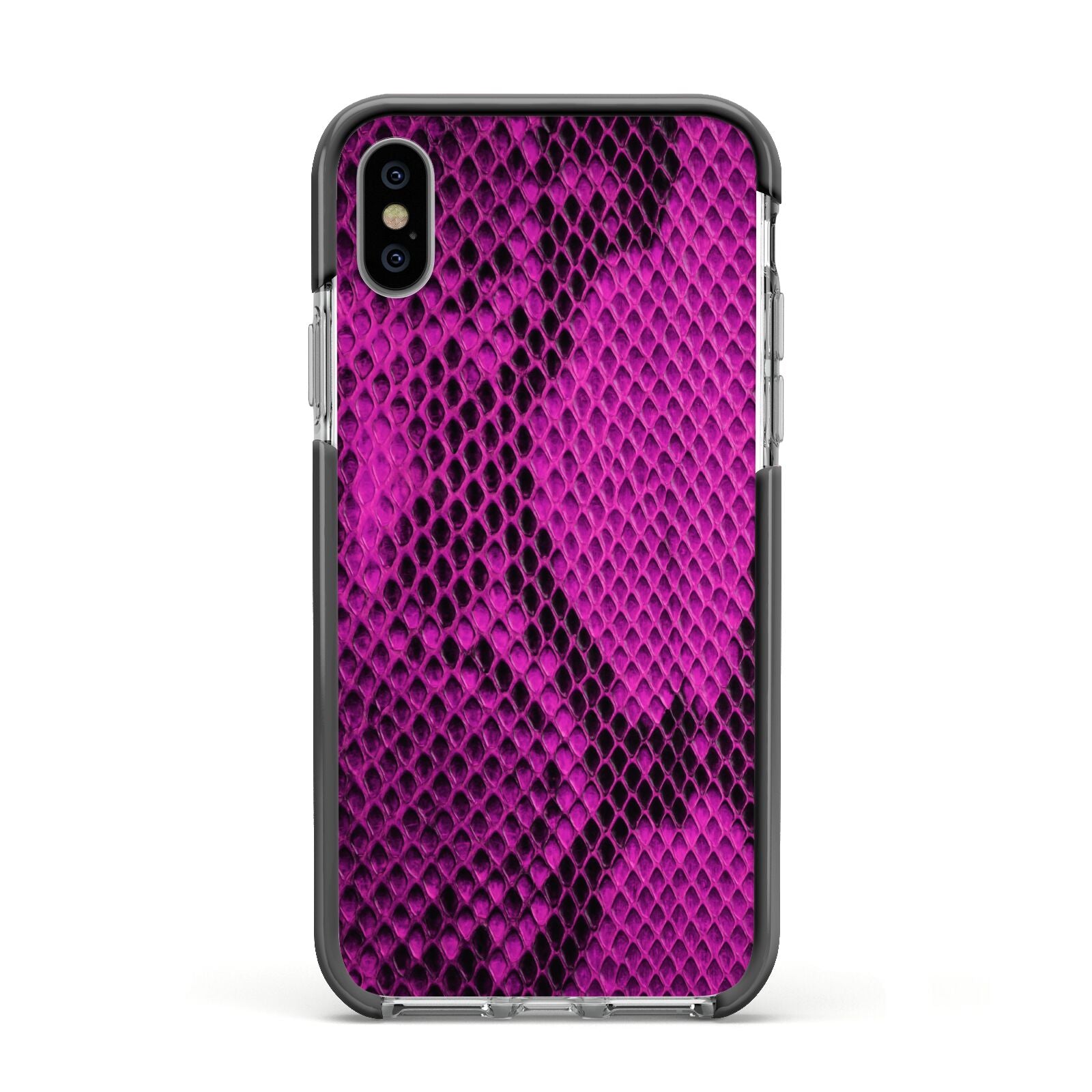 Purple Snakeskin Apple iPhone Xs Impact Case Black Edge on Silver Phone