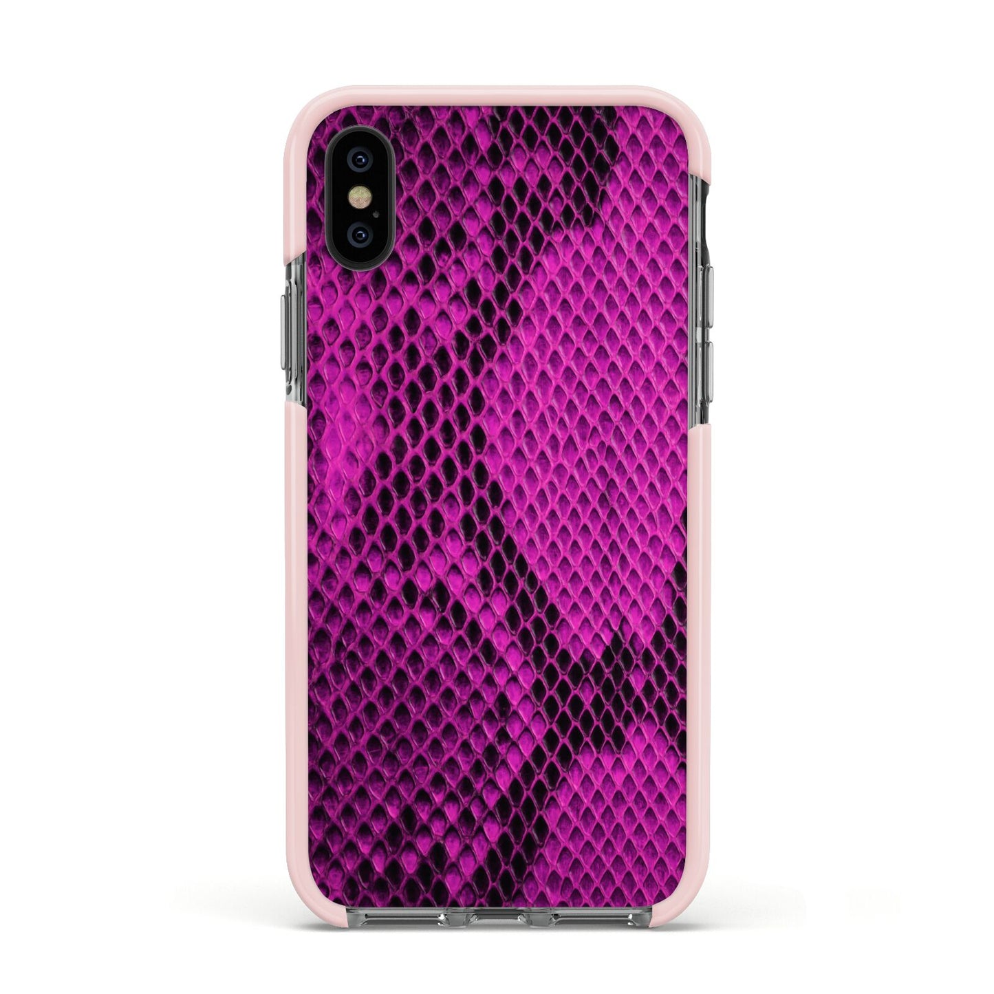 Purple Snakeskin Apple iPhone Xs Impact Case Pink Edge on Black Phone