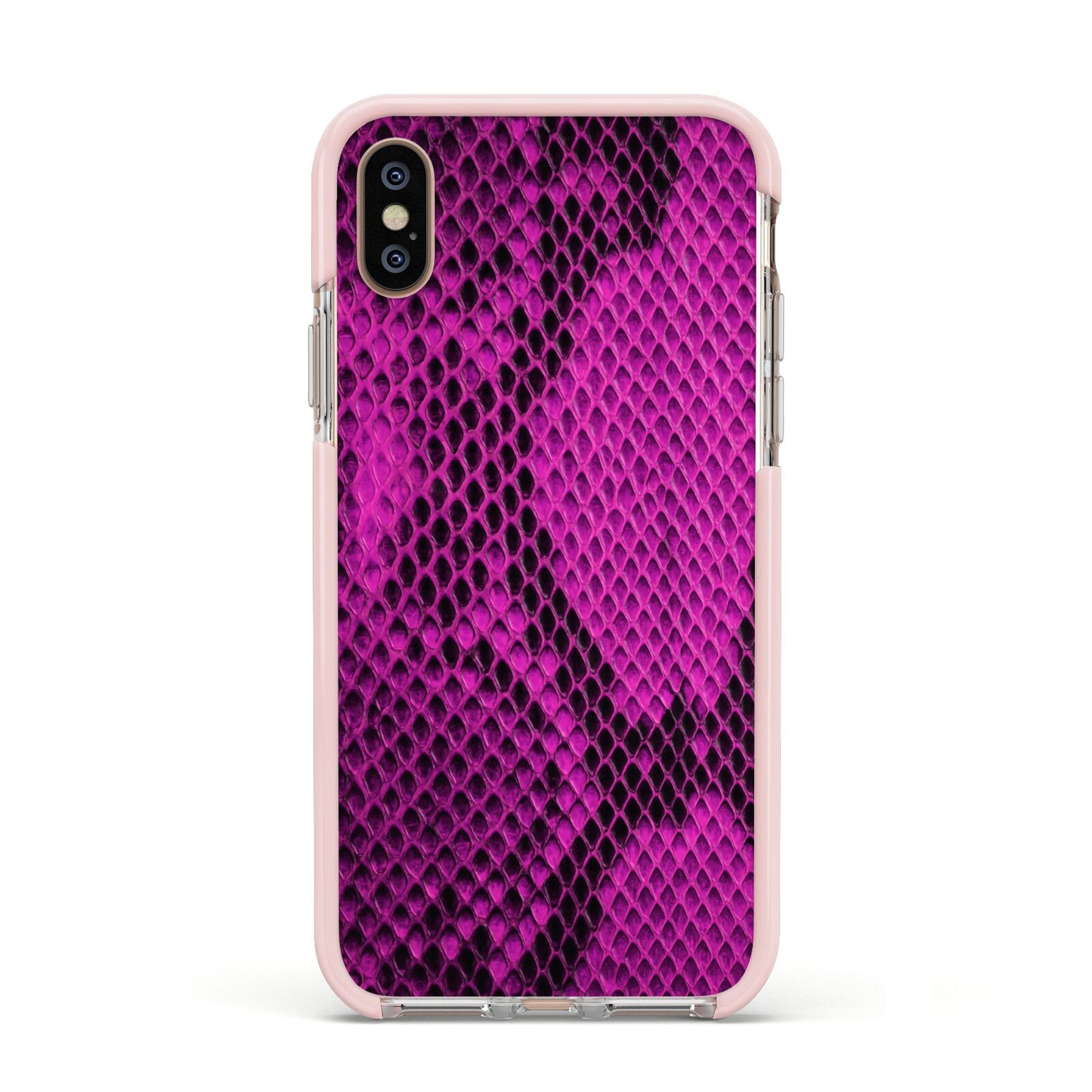 Purple Snakeskin Apple iPhone Xs Impact Case Pink Edge on Gold Phone