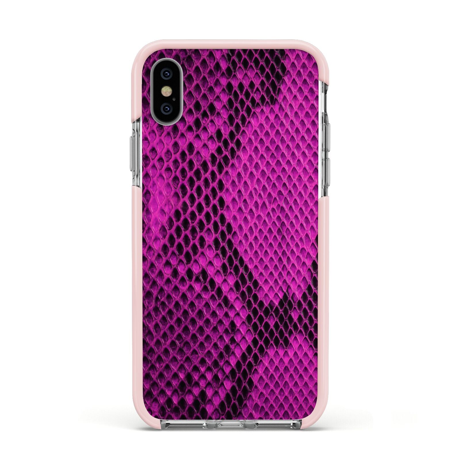 Purple Snakeskin Apple iPhone Xs Impact Case Pink Edge on Silver Phone