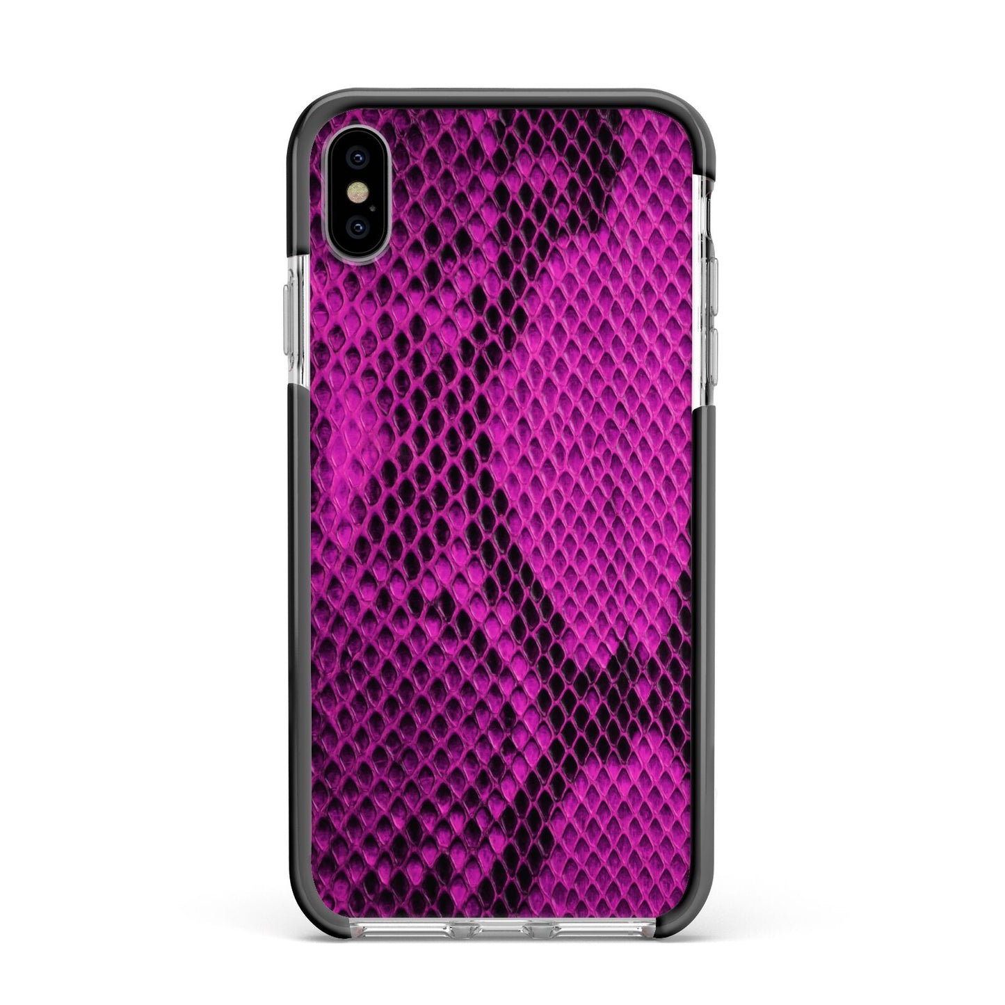 Purple Snakeskin Apple iPhone Xs Max Impact Case Black Edge on Silver Phone