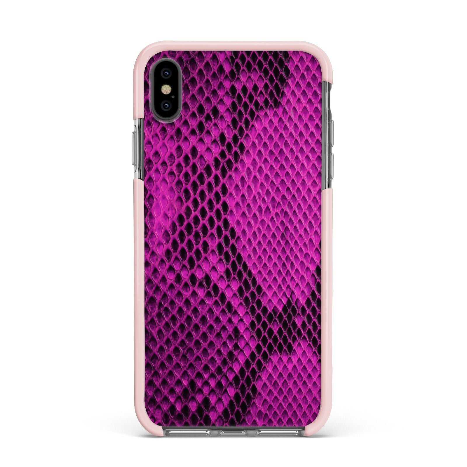 Purple Snakeskin Apple iPhone Xs Max Impact Case Pink Edge on Black Phone