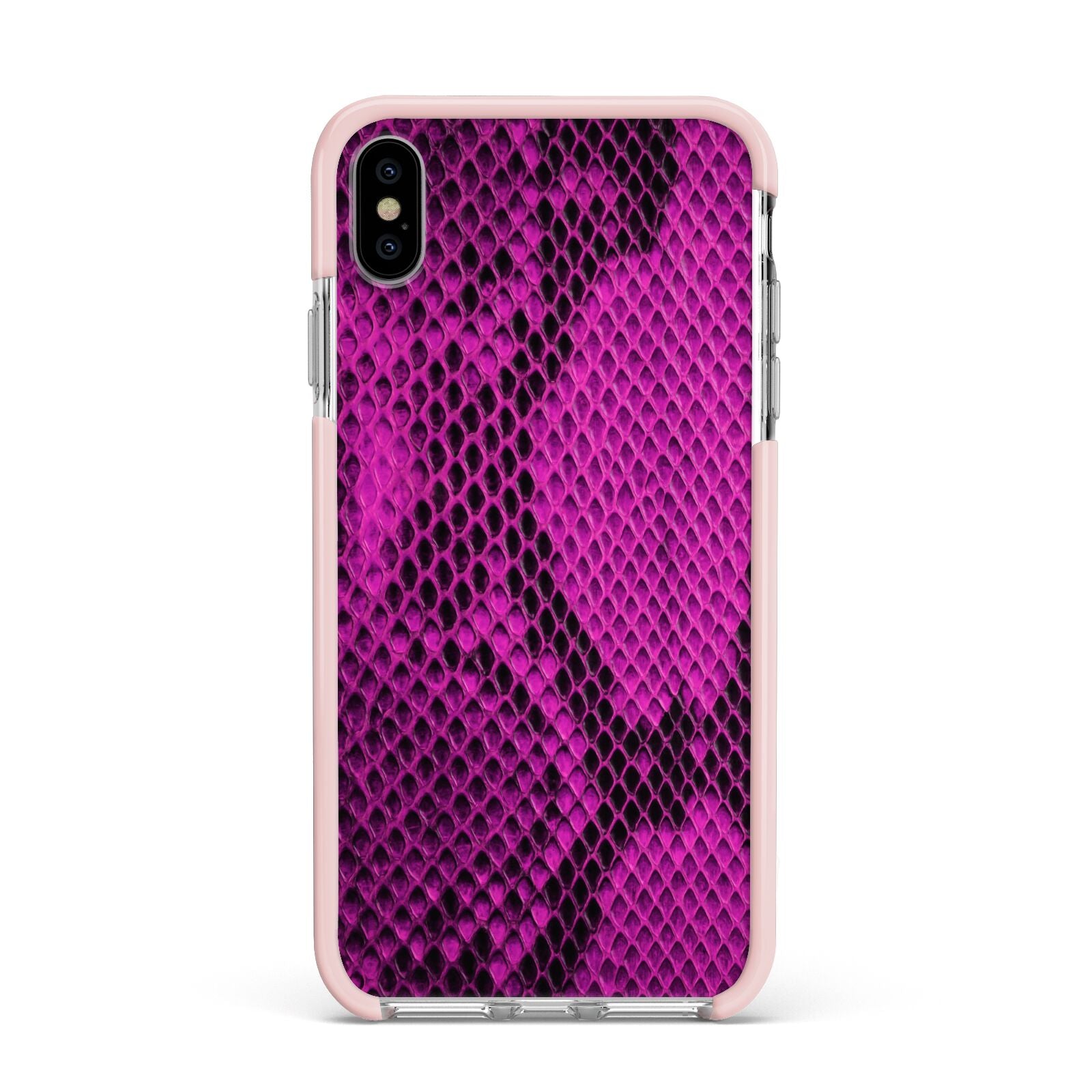 Purple Snakeskin Apple iPhone Xs Max Impact Case Pink Edge on Silver Phone