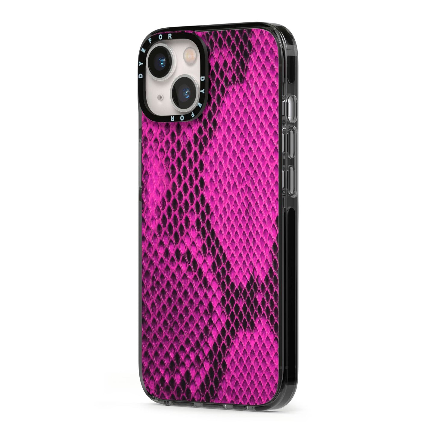 Purple Snakeskin iPhone 13 Black Impact Case Side Angle on Silver phone