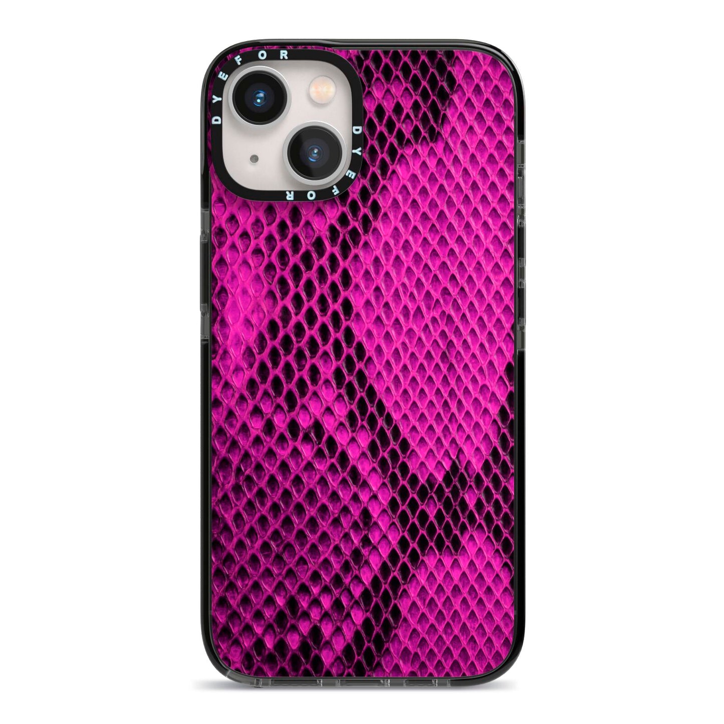 Purple Snakeskin iPhone 13 Black Impact Case on Silver phone