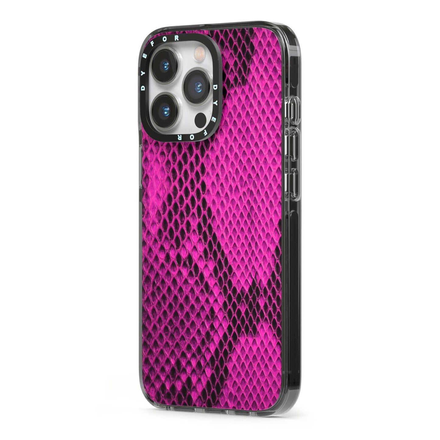 Purple Snakeskin iPhone 13 Pro Black Impact Case Side Angle on Silver phone