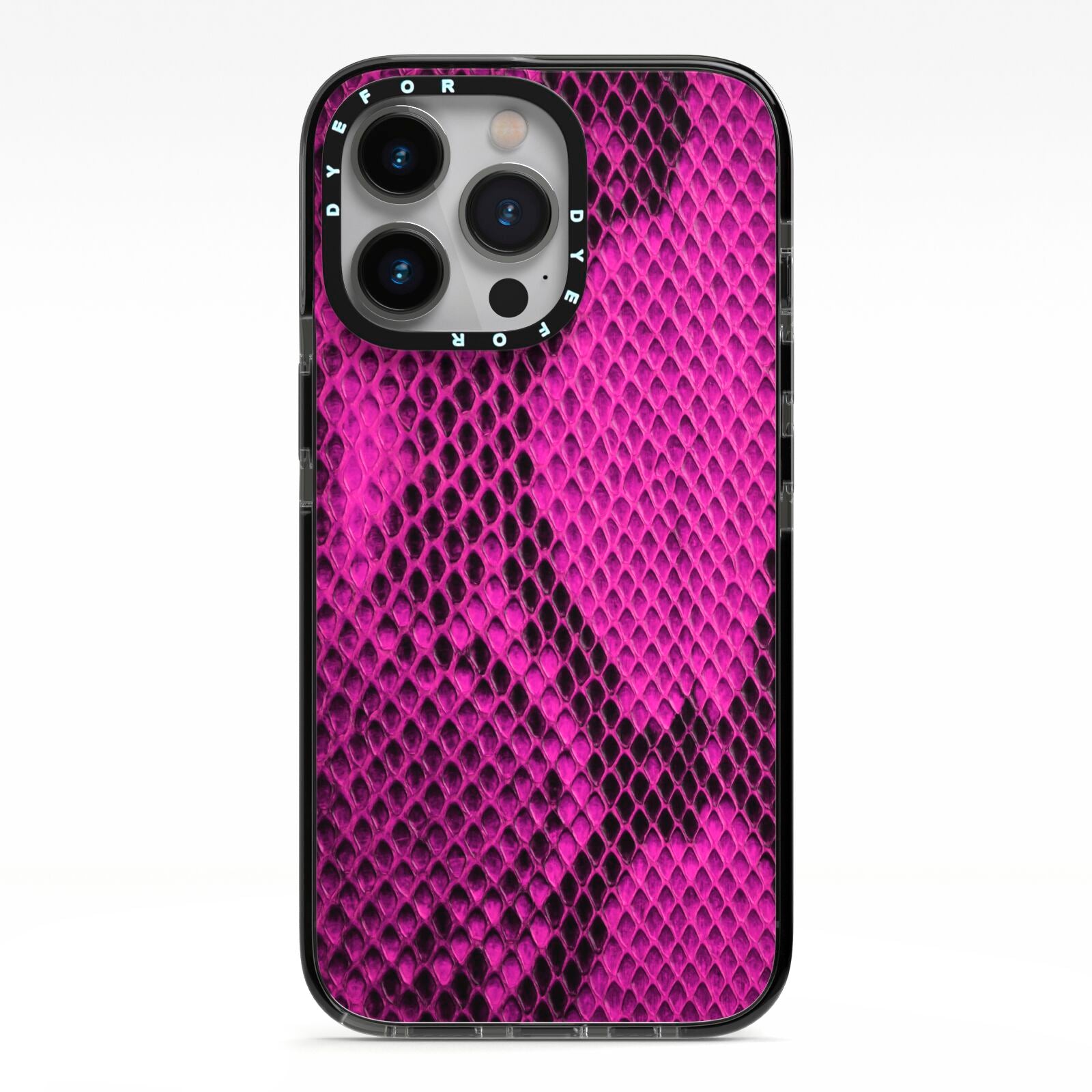 Purple Snakeskin iPhone 13 Pro Black Impact Case on Silver phone