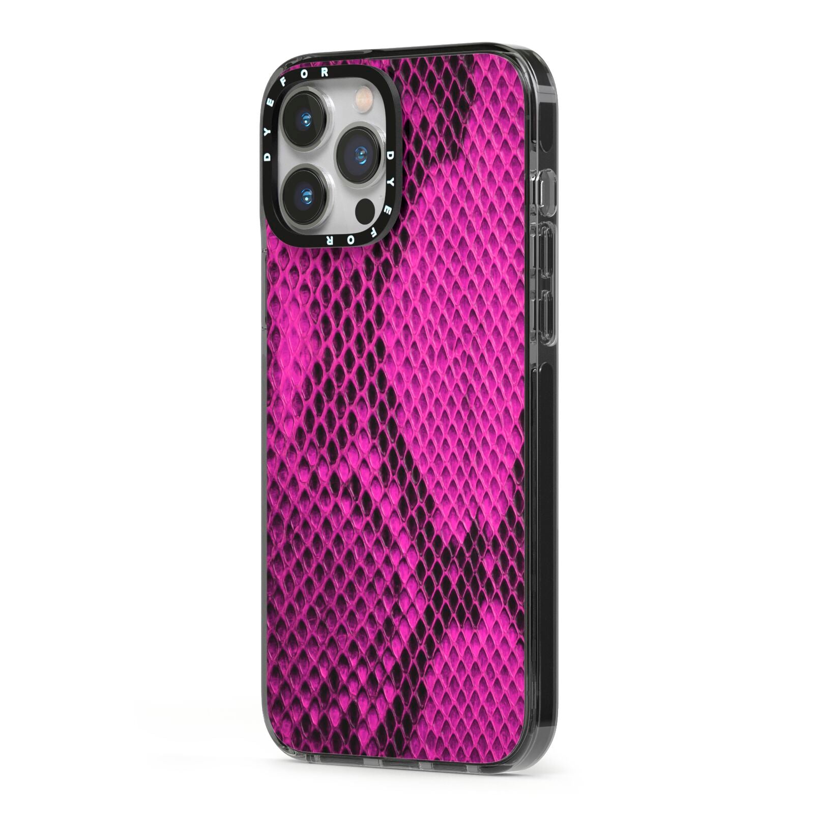 Purple Snakeskin iPhone 13 Pro Max Black Impact Case Side Angle on Silver phone