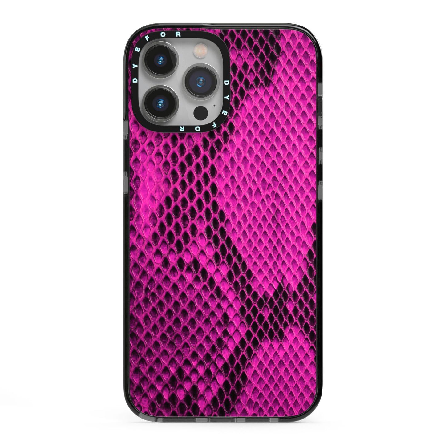 Purple Snakeskin iPhone 13 Pro Max Black Impact Case on Silver phone