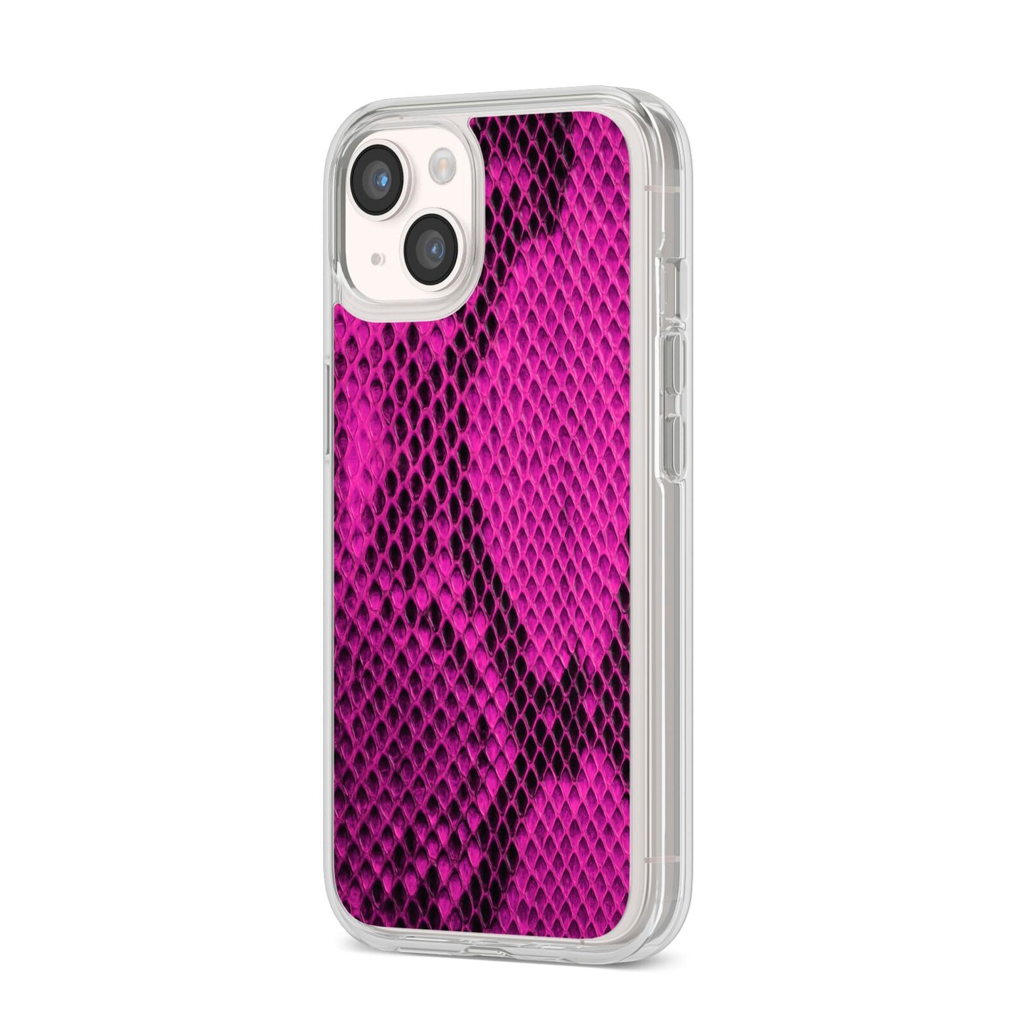 Purple Snakeskin iPhone 14 Clear Tough Case Starlight Angled Image