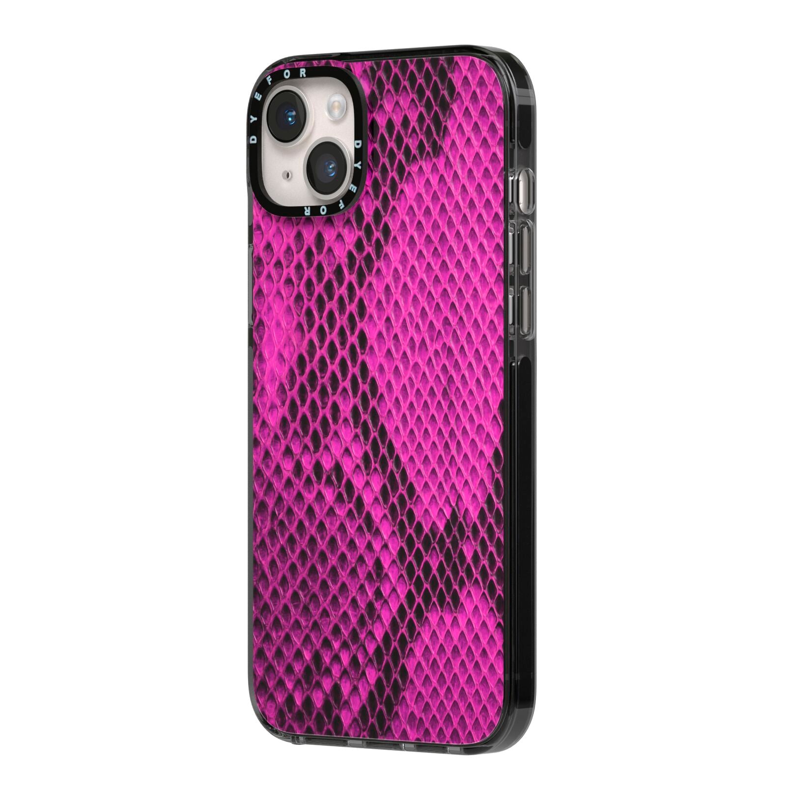 Purple Snakeskin iPhone 14 Plus Black Impact Case Side Angle on Silver phone