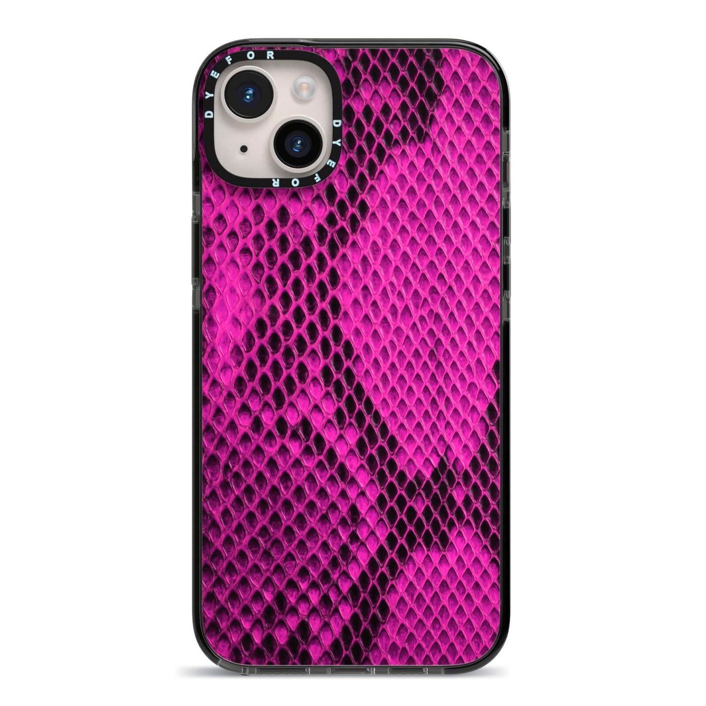 Purple Snakeskin iPhone 14 Plus Black Impact Case on Silver phone