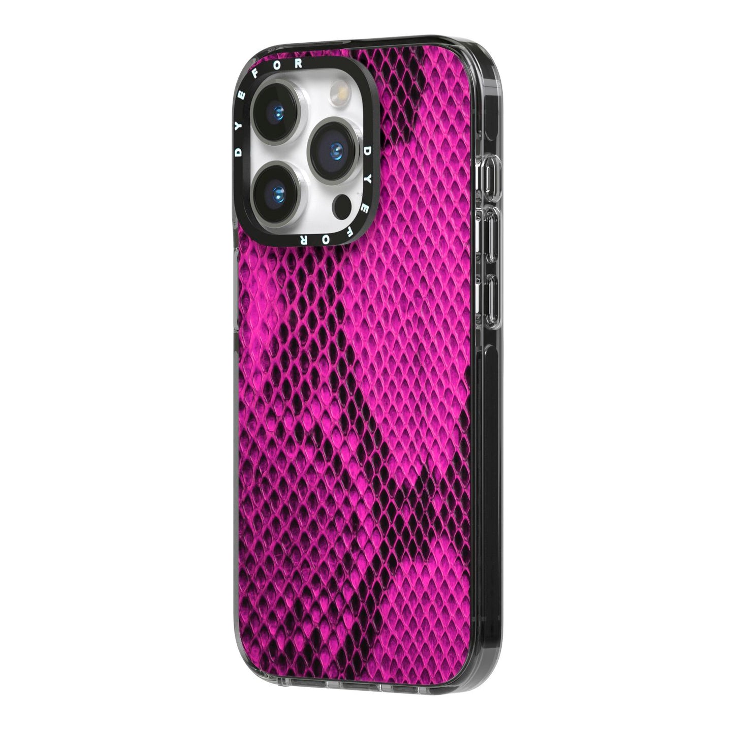 Purple Snakeskin iPhone 14 Pro Black Impact Case Side Angle on Silver phone