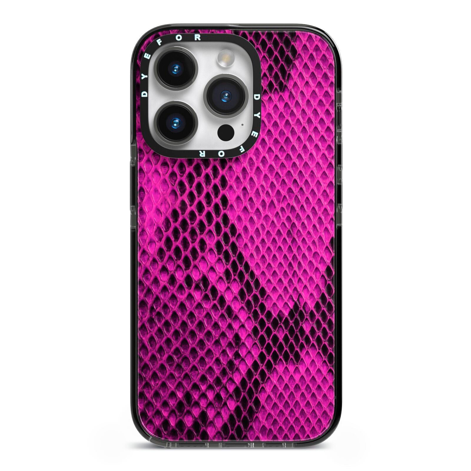 Purple Snakeskin iPhone 14 Pro Black Impact Case on Silver phone