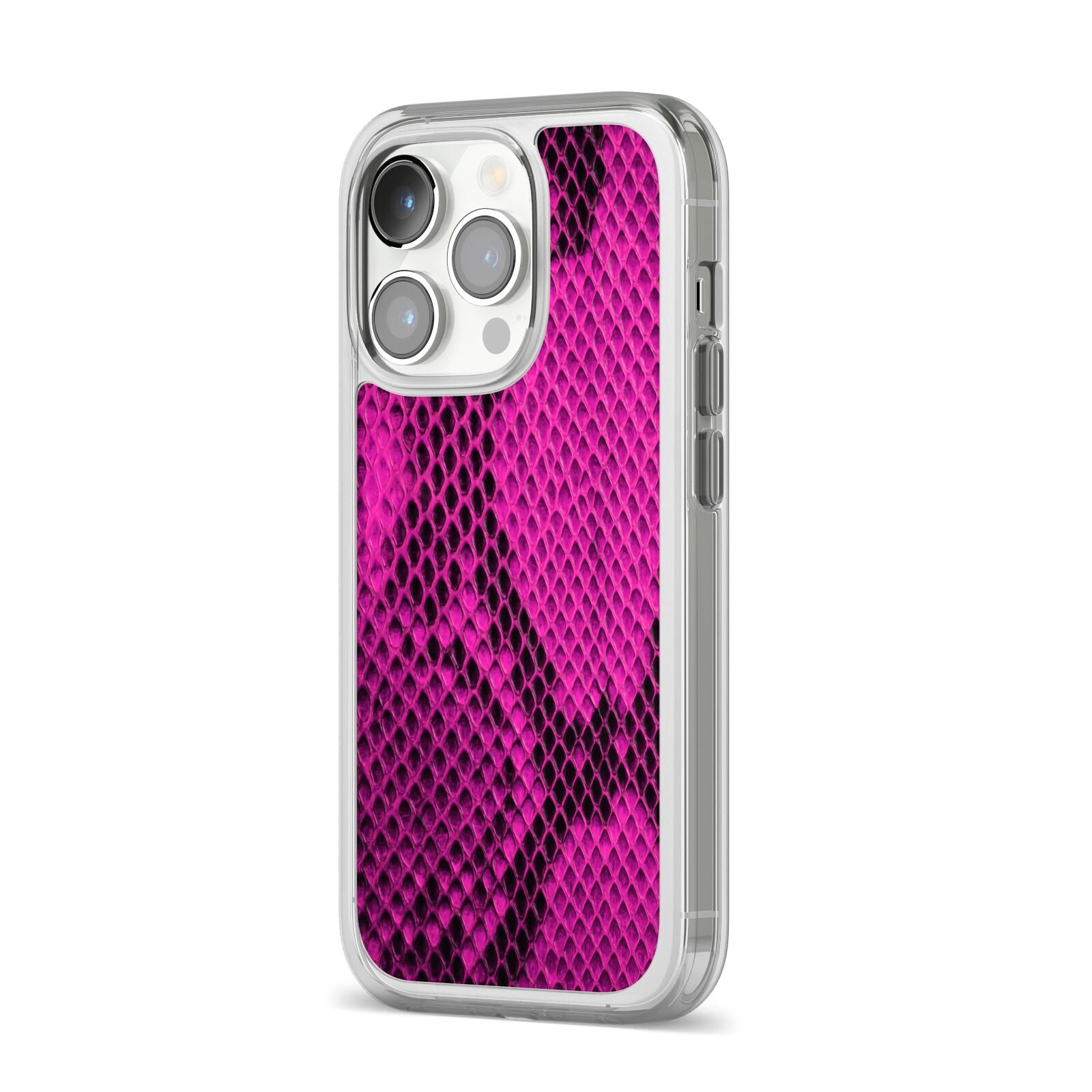 Purple Snakeskin iPhone 14 Pro Clear Tough Case Silver Angled Image