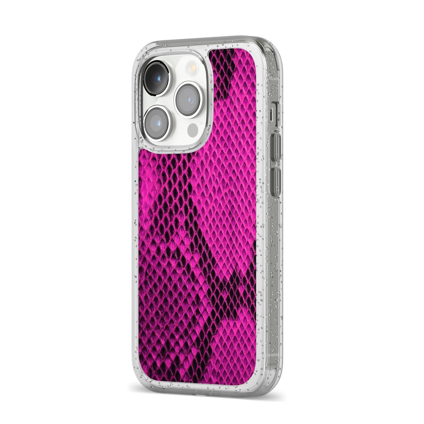 Purple Snakeskin iPhone 14 Pro Glitter Tough Case Silver Angled Image