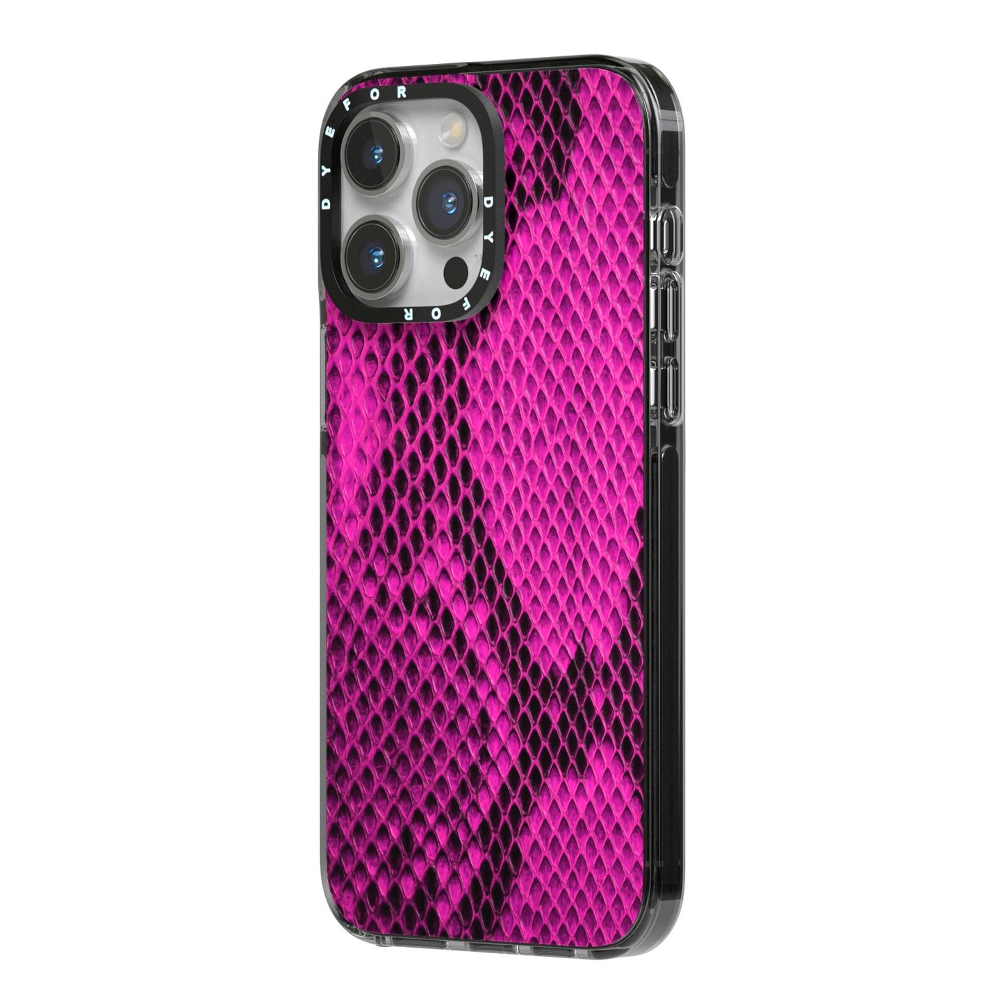 Purple Snakeskin iPhone 14 Pro Max Black Impact Case Side Angle on Silver phone