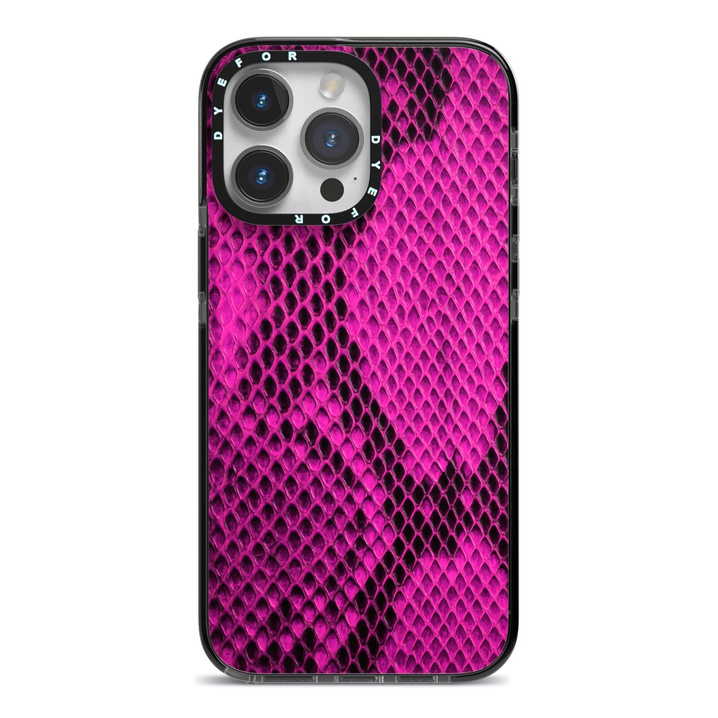 Purple Snakeskin iPhone 14 Pro Max Black Impact Case on Silver phone