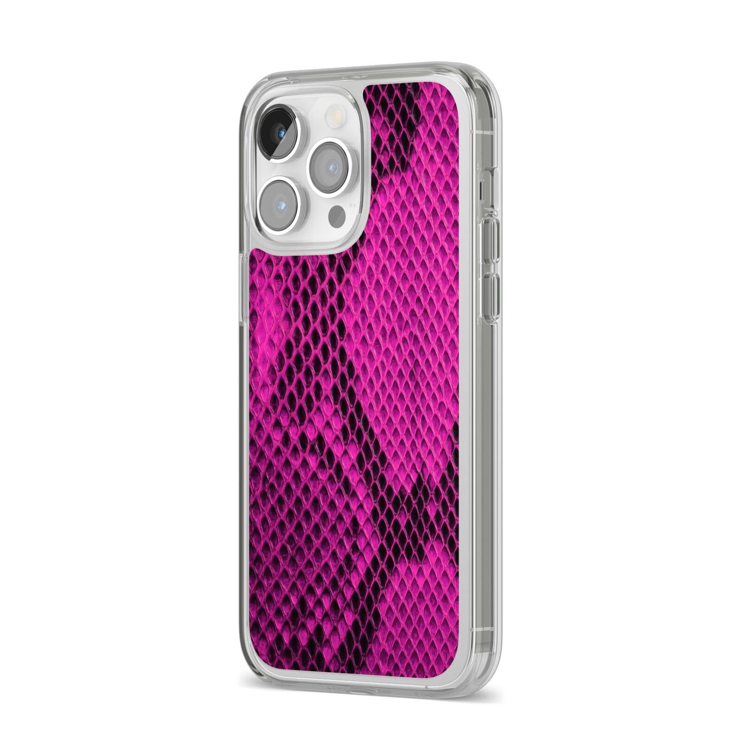 Purple Snakeskin iPhone 14 Pro Max Clear Tough Case Silver Angled Image