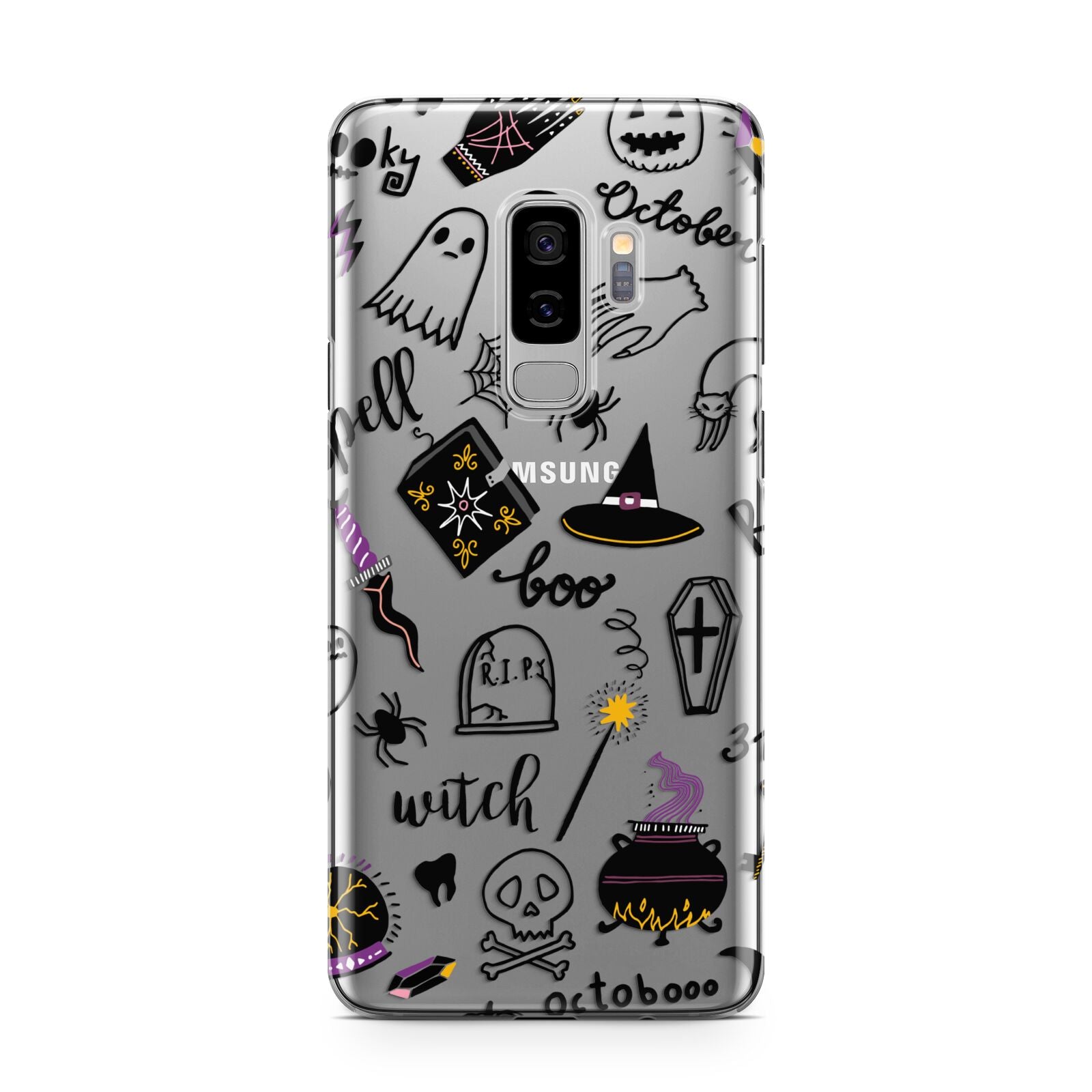 Purple and Black Halloween Illustrations Samsung Galaxy S9 Plus Case on Silver phone