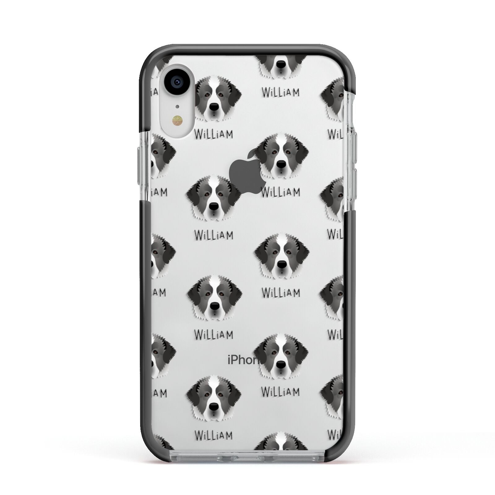 Pyrenean Mastiff Icon with Name Apple iPhone XR Impact Case Black Edge on Silver Phone