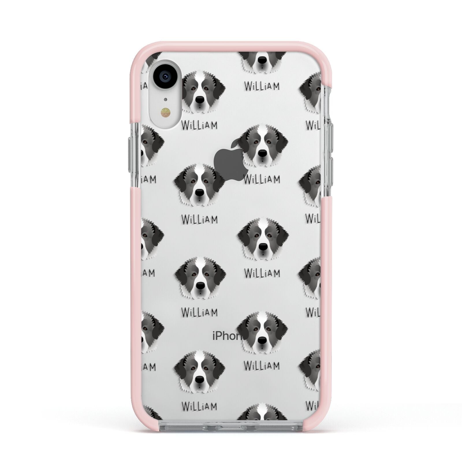 Pyrenean Mastiff Icon with Name Apple iPhone XR Impact Case Pink Edge on Silver Phone