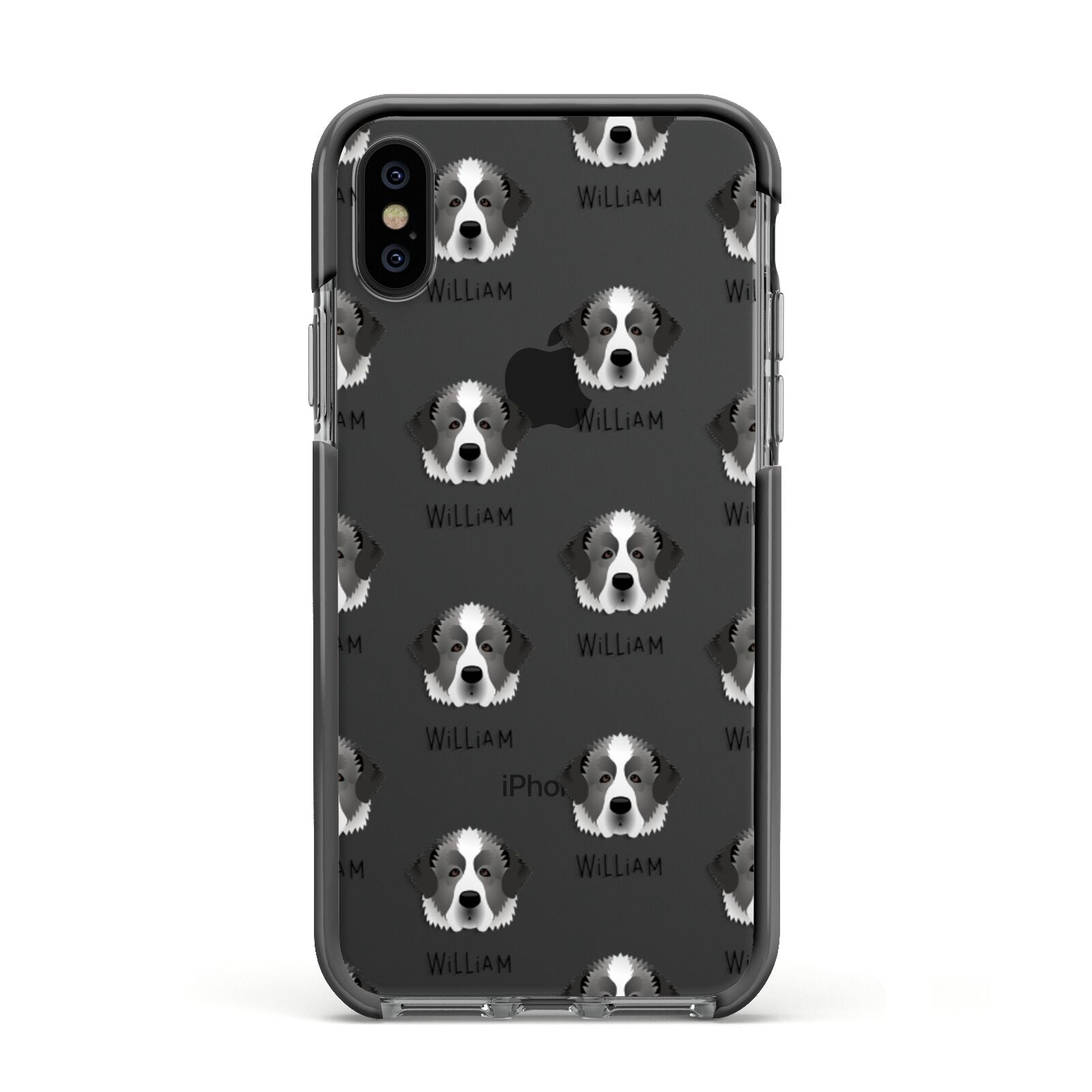 Pyrenean Mastiff Icon with Name Apple iPhone Xs Impact Case Black Edge on Black Phone