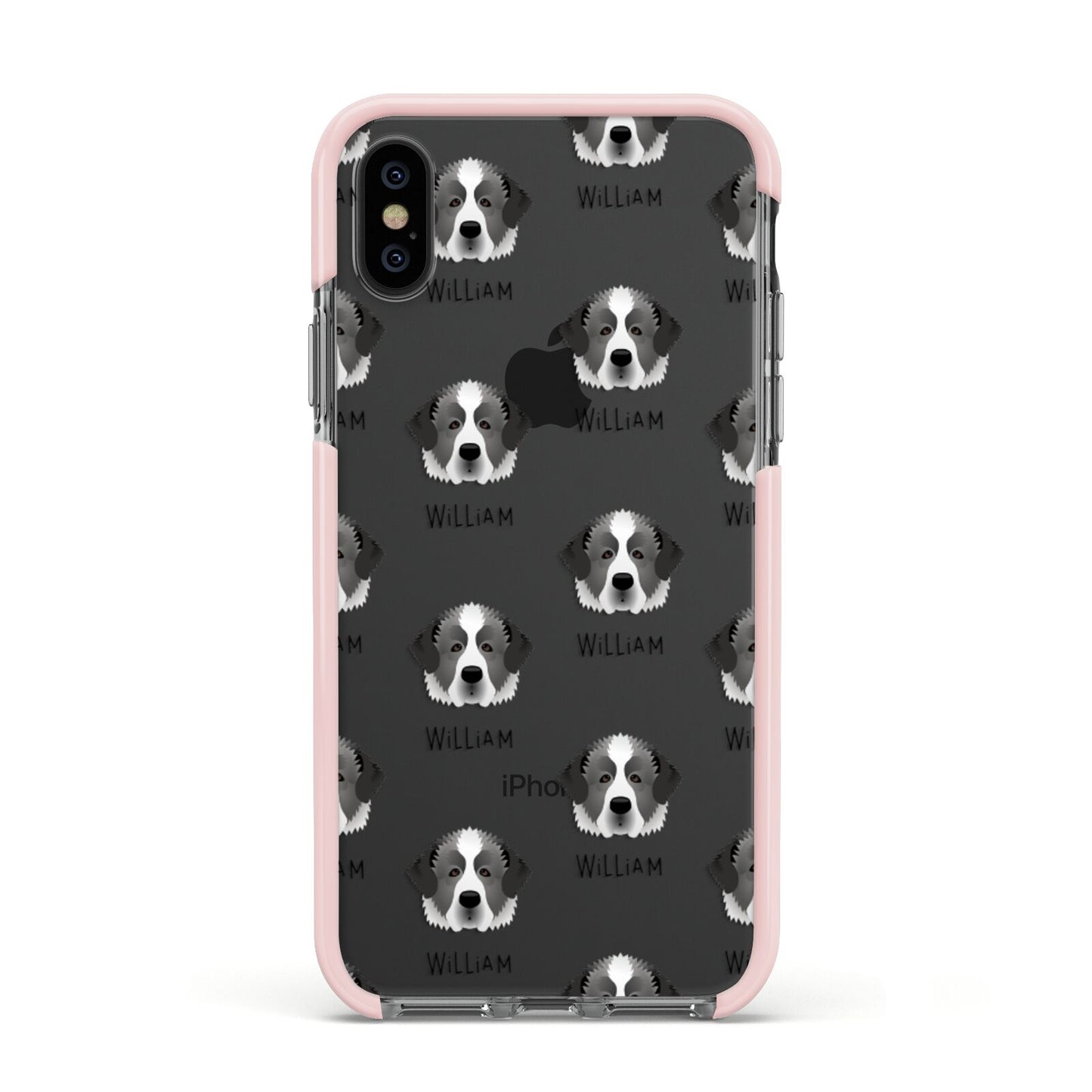 Pyrenean Mastiff Icon with Name Apple iPhone Xs Impact Case Pink Edge on Black Phone