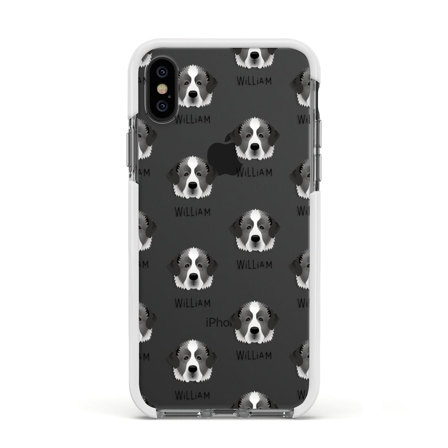 Pyrenean Mastiff Icon with Name Apple iPhone Xs Impact Case White Edge on Black Phone