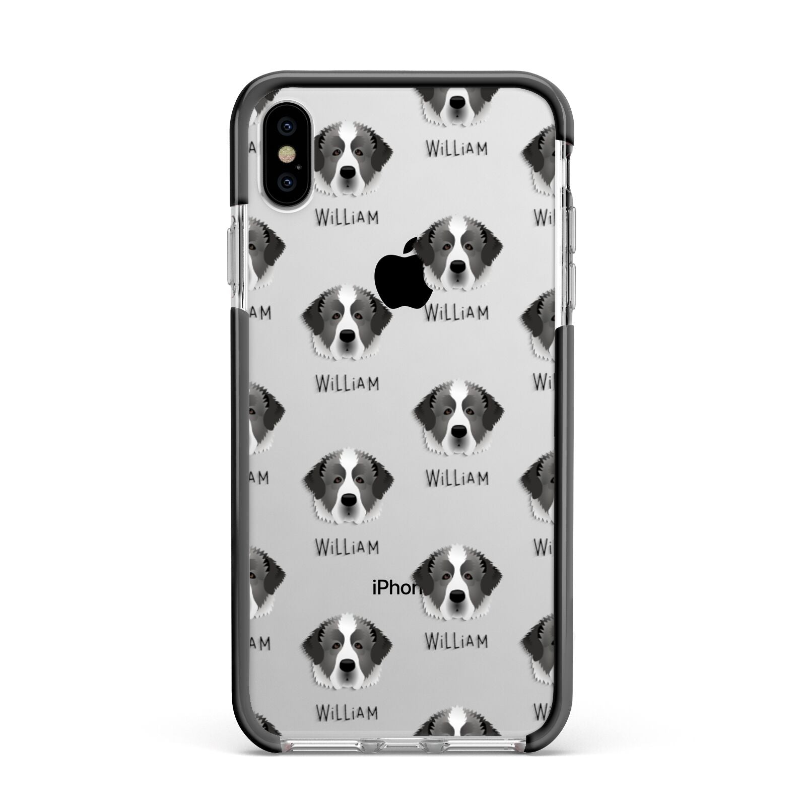 Pyrenean Mastiff Icon with Name Apple iPhone Xs Max Impact Case Black Edge on Silver Phone