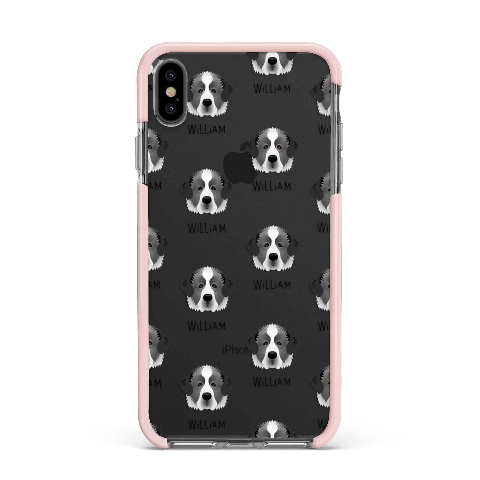 Pyrenean Mastiff Icon with Name Apple iPhone Xs Max Impact Case Pink Edge on Black Phone