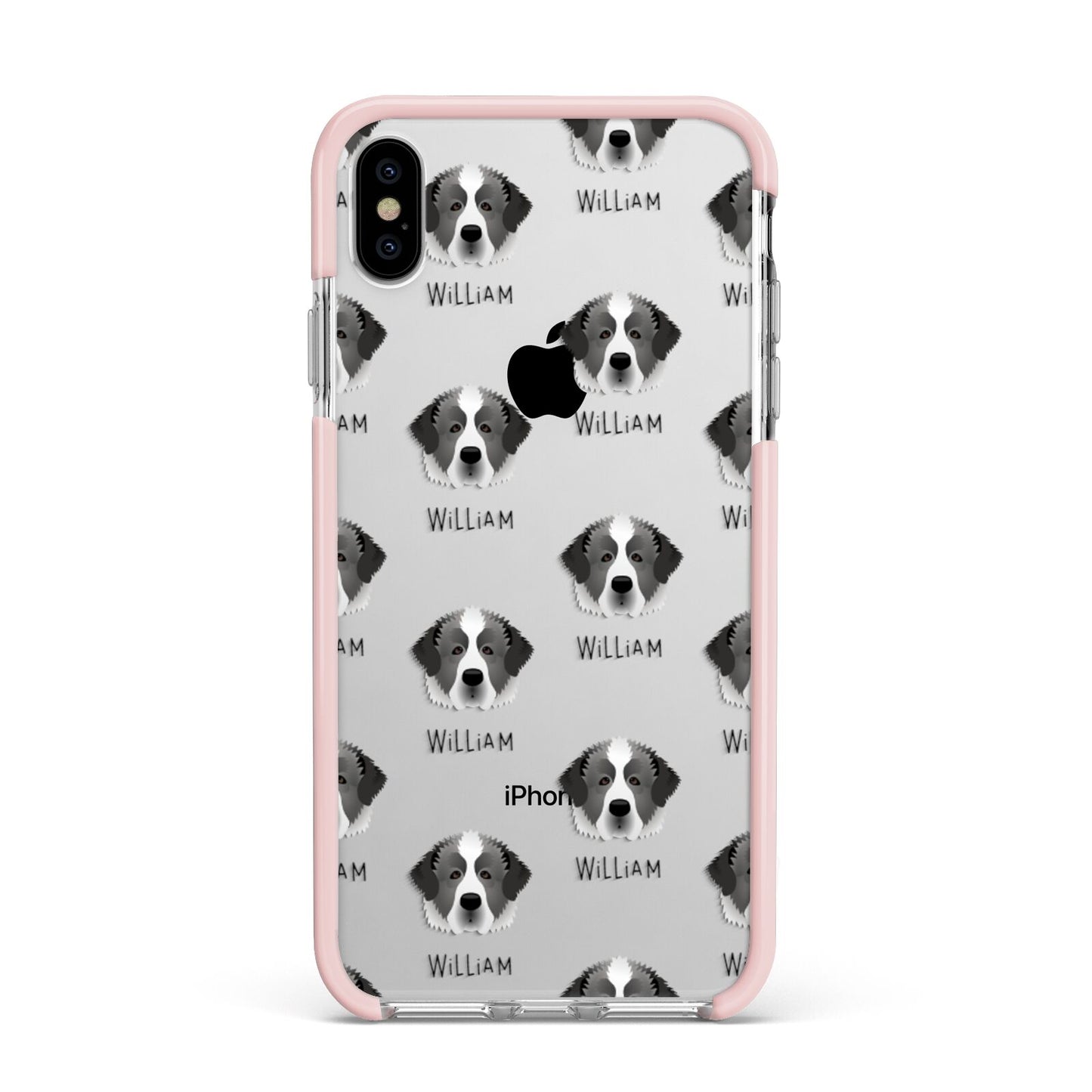 Pyrenean Mastiff Icon with Name Apple iPhone Xs Max Impact Case Pink Edge on Silver Phone