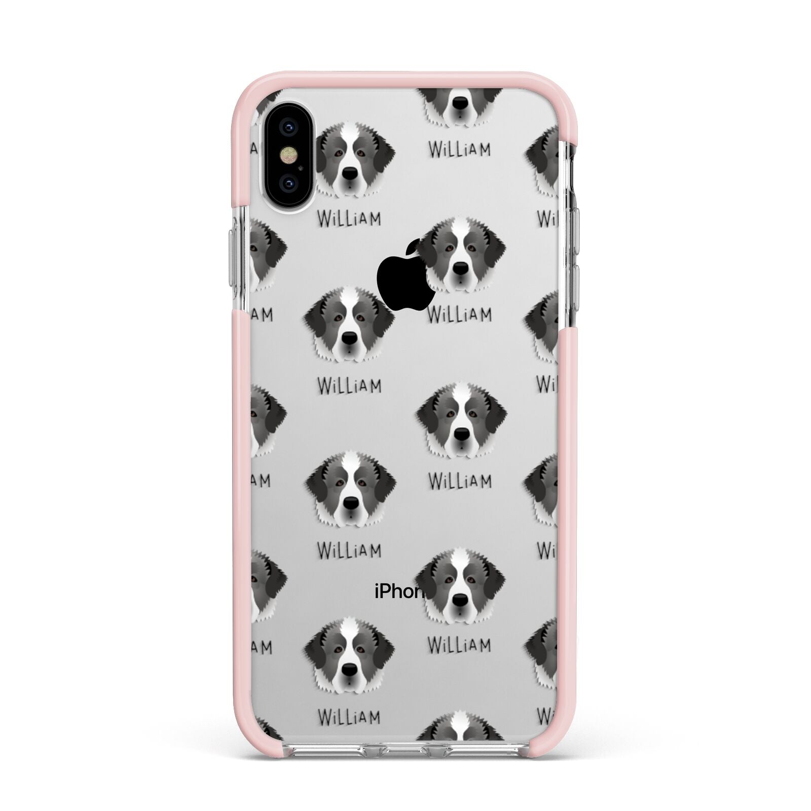 Pyrenean Mastiff Icon with Name Apple iPhone Xs Max Impact Case Pink Edge on Silver Phone