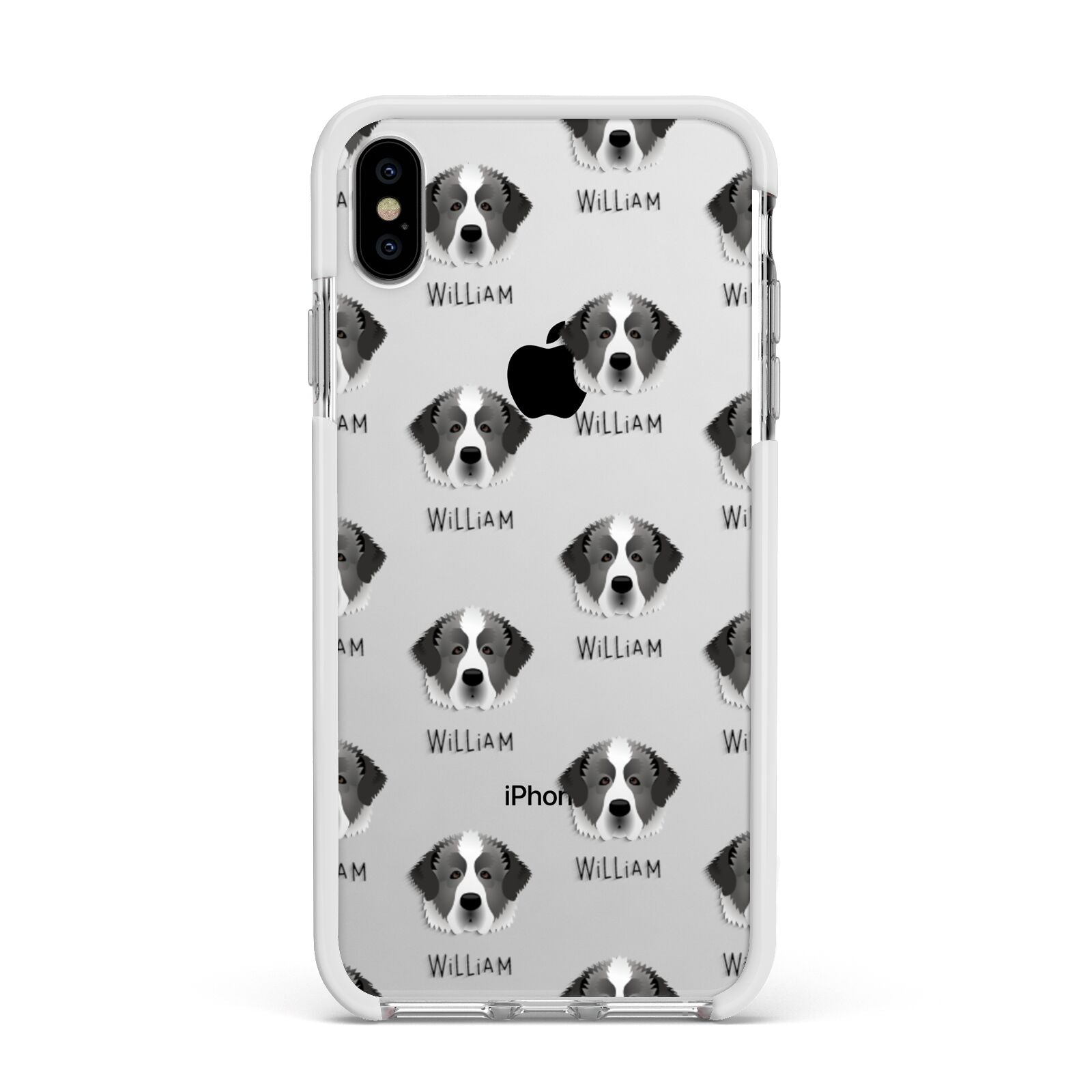 Pyrenean Mastiff Icon with Name Apple iPhone Xs Max Impact Case White Edge on Silver Phone