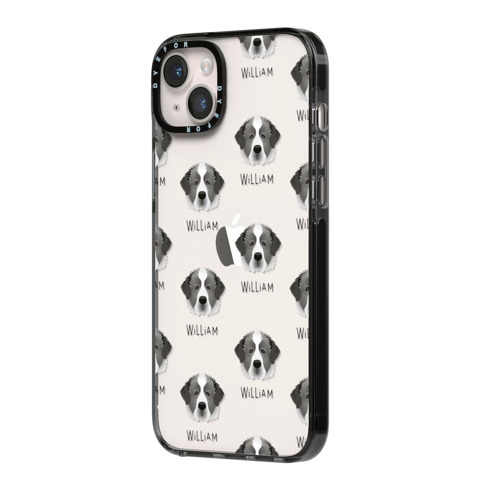 Pyrenean Mastiff Icon with Name iPhone 14 Plus Black Impact Case Side Angle on Silver phone